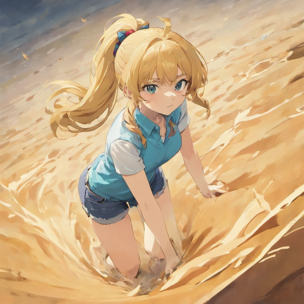 An intellectual mature beauty with a bumpy upper body wearing a white shirt, jeans on the lower body, hairstyle with a ponytail (Ponytail) To go out of the country all over the country sand sculpture anime characters background solid blue