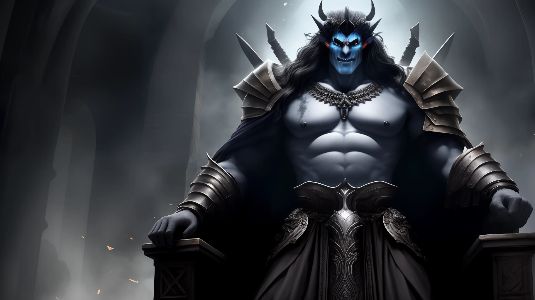 God Hades, imposing, ultra detail, and realistic, standing looking at me, holding his weapon and armor on his clearly visible throne;