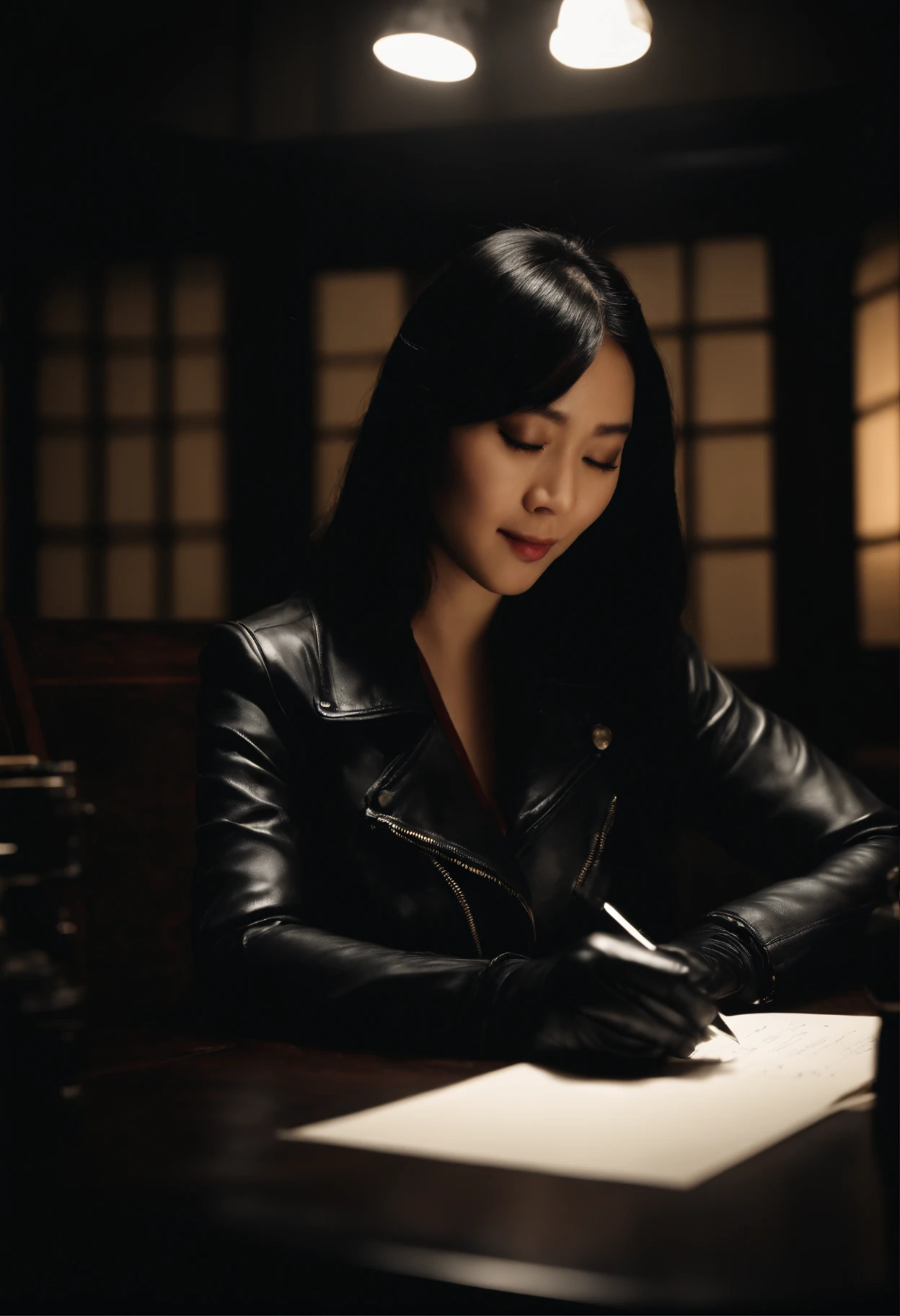 Wearing black leather gloves in both hands, upper body, black leather riders jacket, facing the desk in the modern study in the dark, looking down and smiling, writing a letter using a fountain pen, long straight black hair, young Japanese woman (black leather gloves cover both hands)