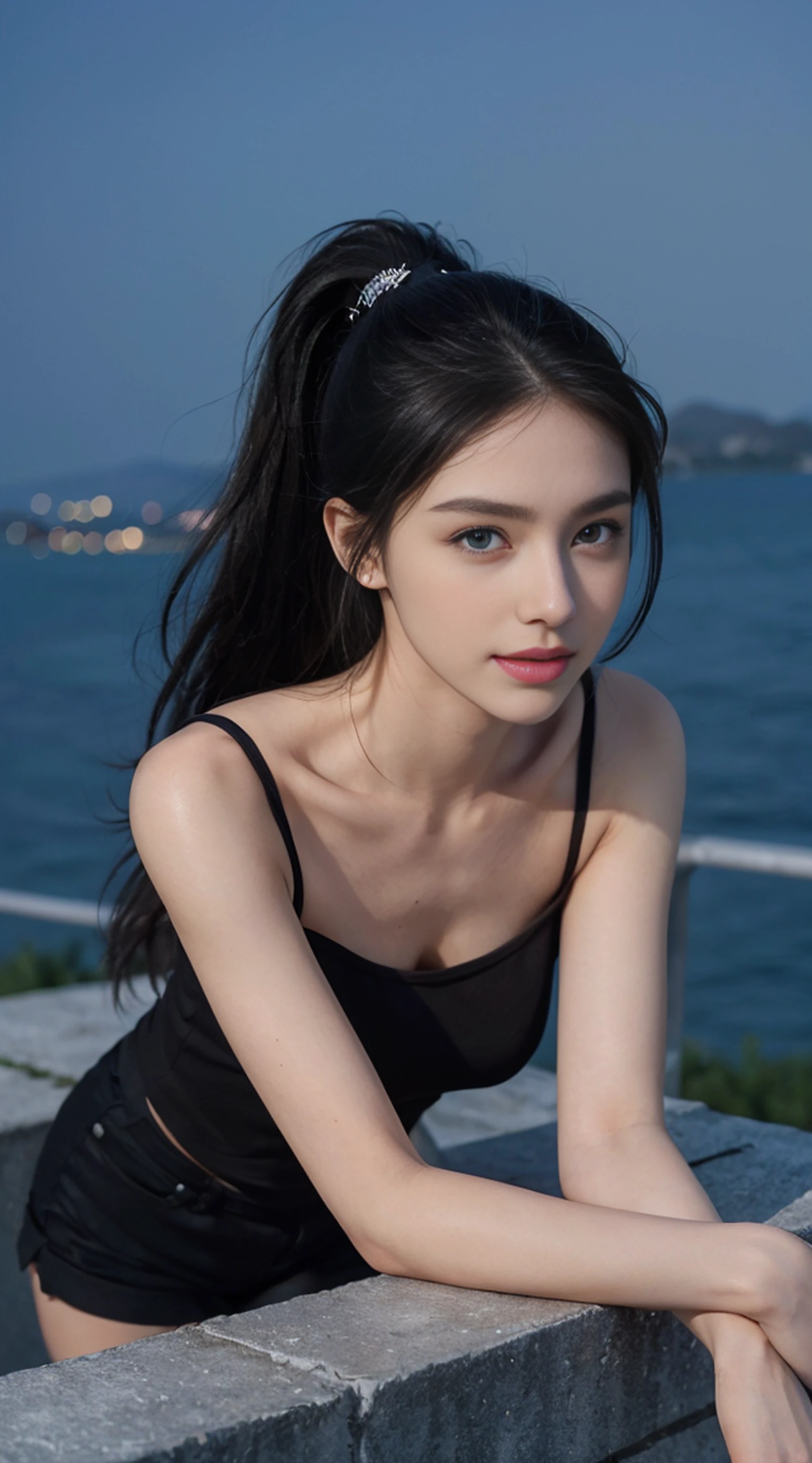 8K, Top Quality, Intricate Details, Ultra Detail, Ultra High Resolution, Masterpiece, random angle, Slender, Smile, (Makeup: 0.4), (Fluffy Blue Eyes: 1.21), blue Eyes,, ((full body)), 1girl, solo, 1 girl, (( full body)), close-up shot, kneeling , , ((tall)), (((fit body))), (((slim face))), sharp face, sharp eyes, (((black hair, long hair, high ponytail , )) (detailed face), sharp face, small lips, thin lips,
(( Bermuda shorts )), detailed face, detailed breast, , large breast, detail, , Beautiful girl with accentuated slender abs: 1.4, Six Pack Abs: 1.4, Bust Botox, Big, Perfect Body, detail leg, (( moonlight)), top of mountain