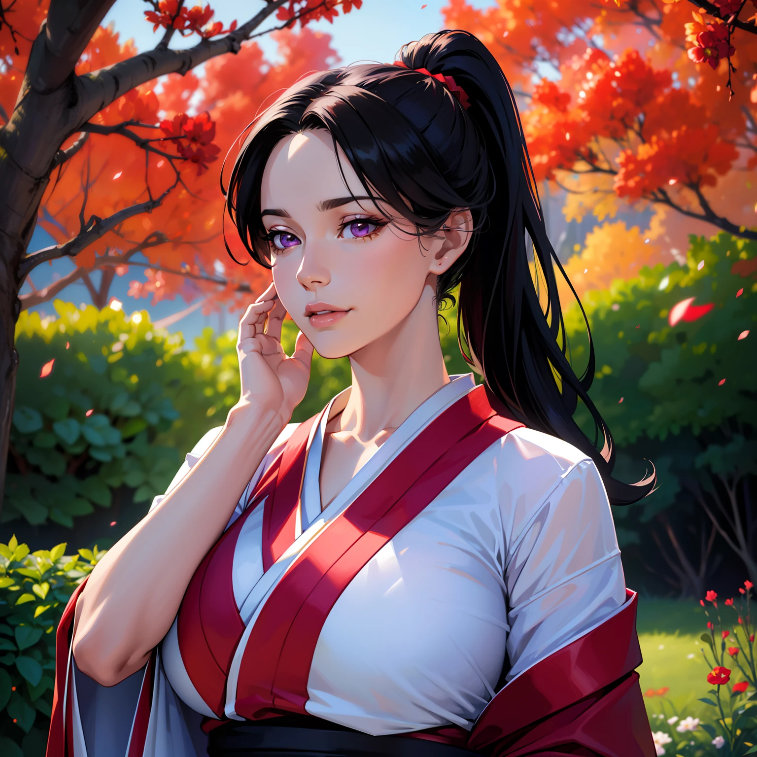 (best quality,4k,highres,masterpiece:1.2),ultra-detailed,(realistic,photorealistic,photo-realistic:1.37),beautiful young woman,long black hair tied in high ponytail,parted bangs,huge forehead,large reddish violet eyes,black hair,black bangs,violet eyes,large breasts,soft facial features,graceful appearance,magical atmosphere,subtle smile,elegant pose,ethereal lighting,vibrant colors,delicate details,fine textures,lush garden background,serene ambiance, red and white kimono, tight red and white kimono, huge breasts, massive forehead