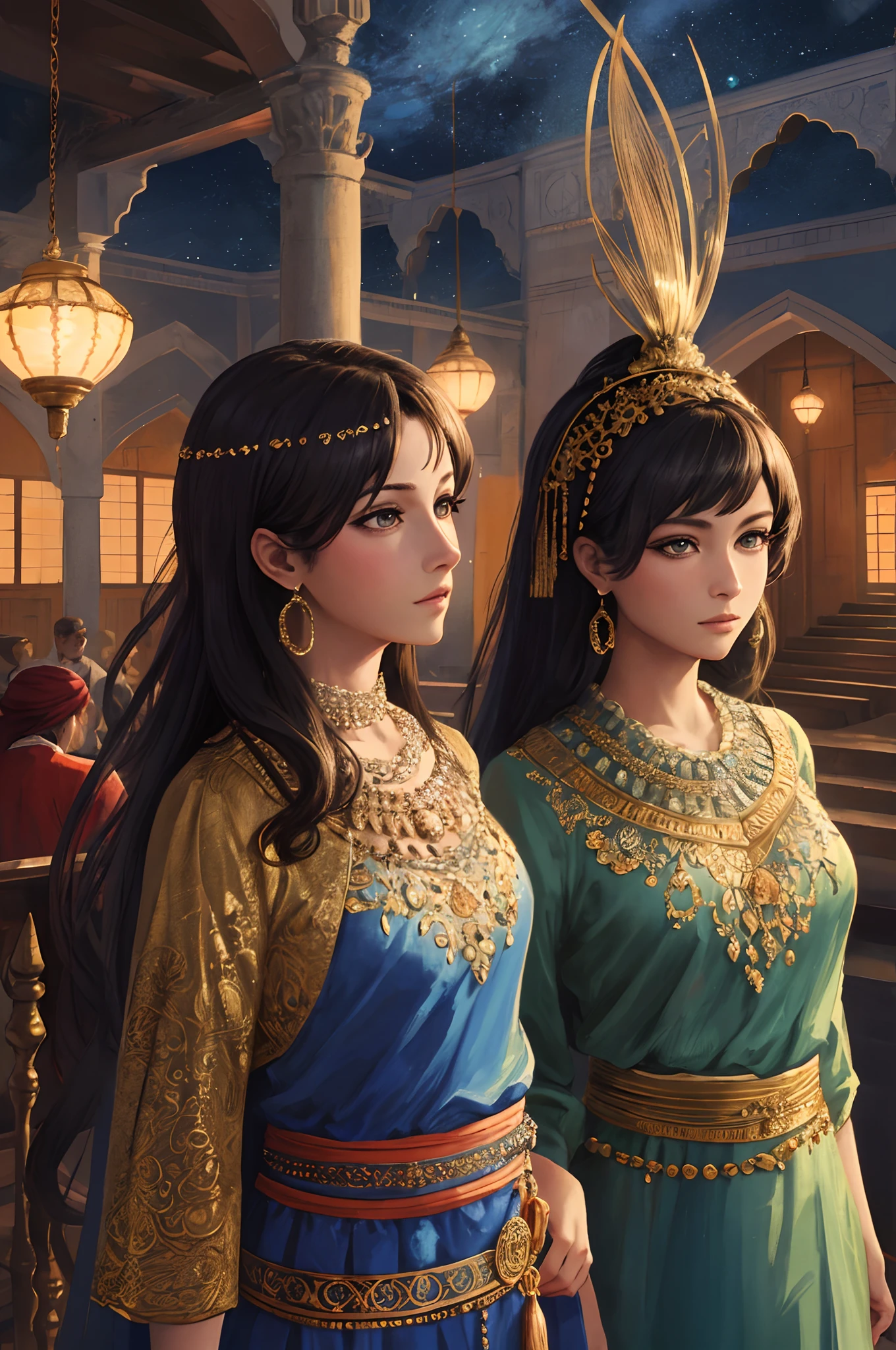 Top quality, Best quality, High-quality illustrations, Masterpiece, Super high resolution, Detailed background, Detailed background, duo,two concubines,Aladdin, Entertainment at the Arabian Palace, Sassanid dynasty, Turkish lamps,group picture:0.1,  6+Women, 6+Girls, absurderes(Highly detailed beautiful face and eyes)Perfect anatomy, expression, Good lighting, cinematic shadow,(komono,),