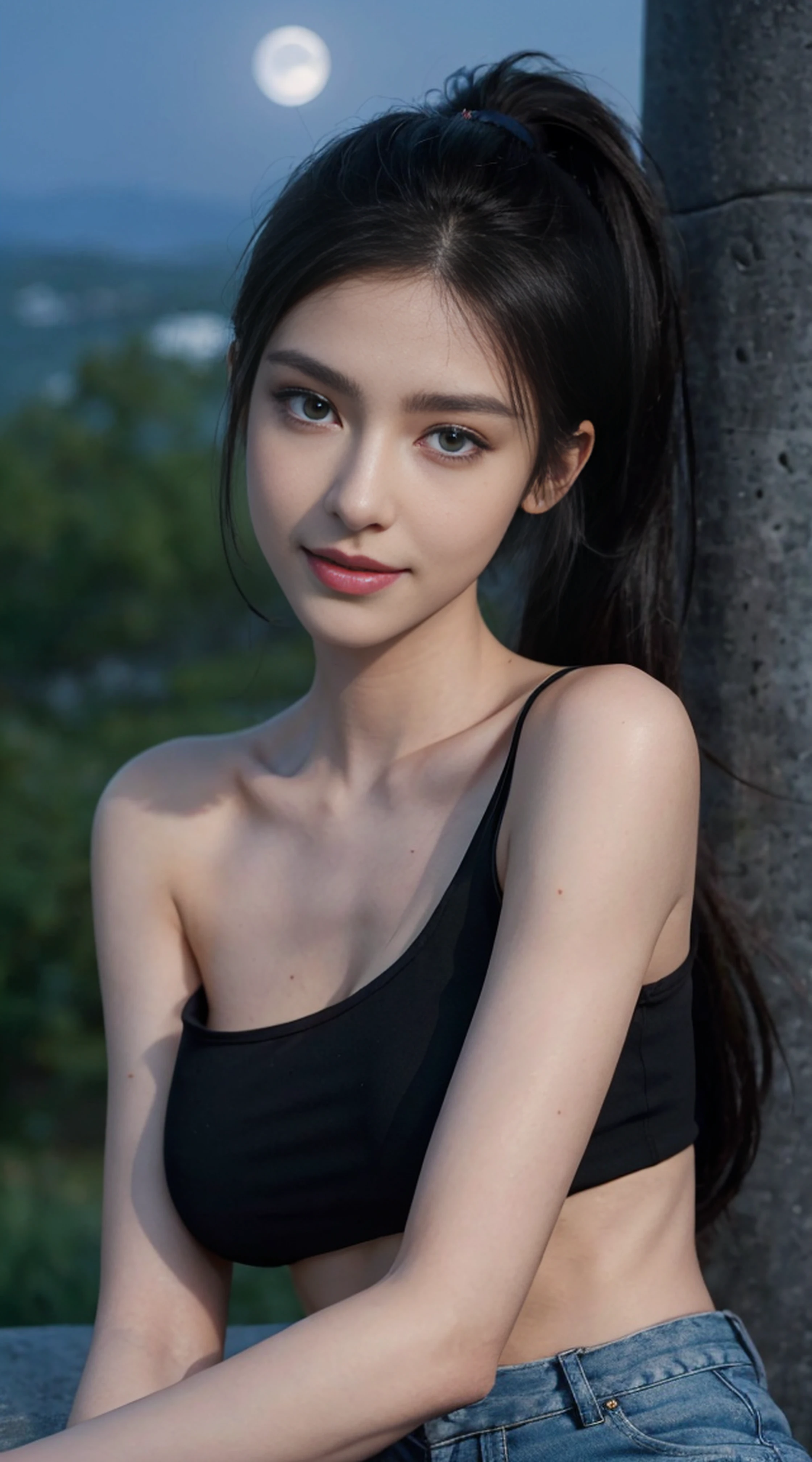 ( masterpiece, top quality, best quality,8k,17 years old girl,ultra detailed,raw photo:1.5),(photorealistic:1.4), (long black hair:1.5), (cinematic lighting), PerfectNwsjMajic, , Surrealism, UHD, ccurate, Super detail, textured skin, High detail, Best quality, dynamic angle, (high nose,White skin),[Beautiful blue eyes],[flat chest:large breasts:0.5],(1girl),(good anatomy:0.5)),(outside:1.5),