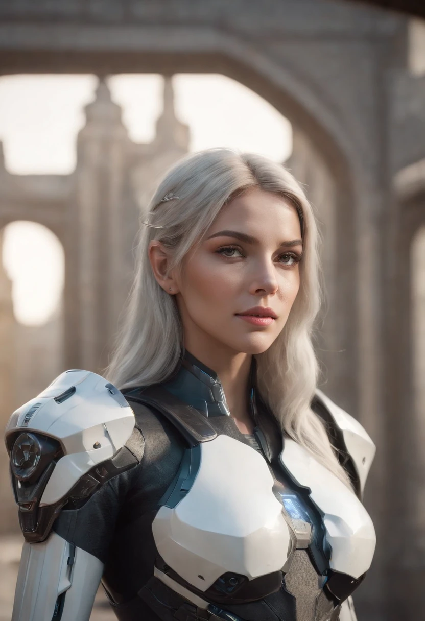 ((Best Quality)), ((Masterpiece)), (Very Detailed:1.3), 3D, Shitu-mecha, Beautiful cyberpunk woman wearing a crown with her mecha in ruins of a city of forgotten wars, streets with mecha in firefight, long silver hair, sci-fi technology, HDR (High Dynamic Range), ray tracing, NVIDIA RTX, super resolution, Unreal 5, subsurface scattering, PBR texture, post-processing, anisotropic filtering, depth of field, maximum sharpness and sharpness, Multi-layer textures, albedo and specular maps, surface shading, accurate simulation of light-material interactions, perfect ratios, octane rendering, duotone lighting, low ISO, white balance, rule of thirds, wide aperture, 8K RAW, efficient sub-pixels, subpixel convolution, luminous particles, light scattering, Tyndall effect,upper body