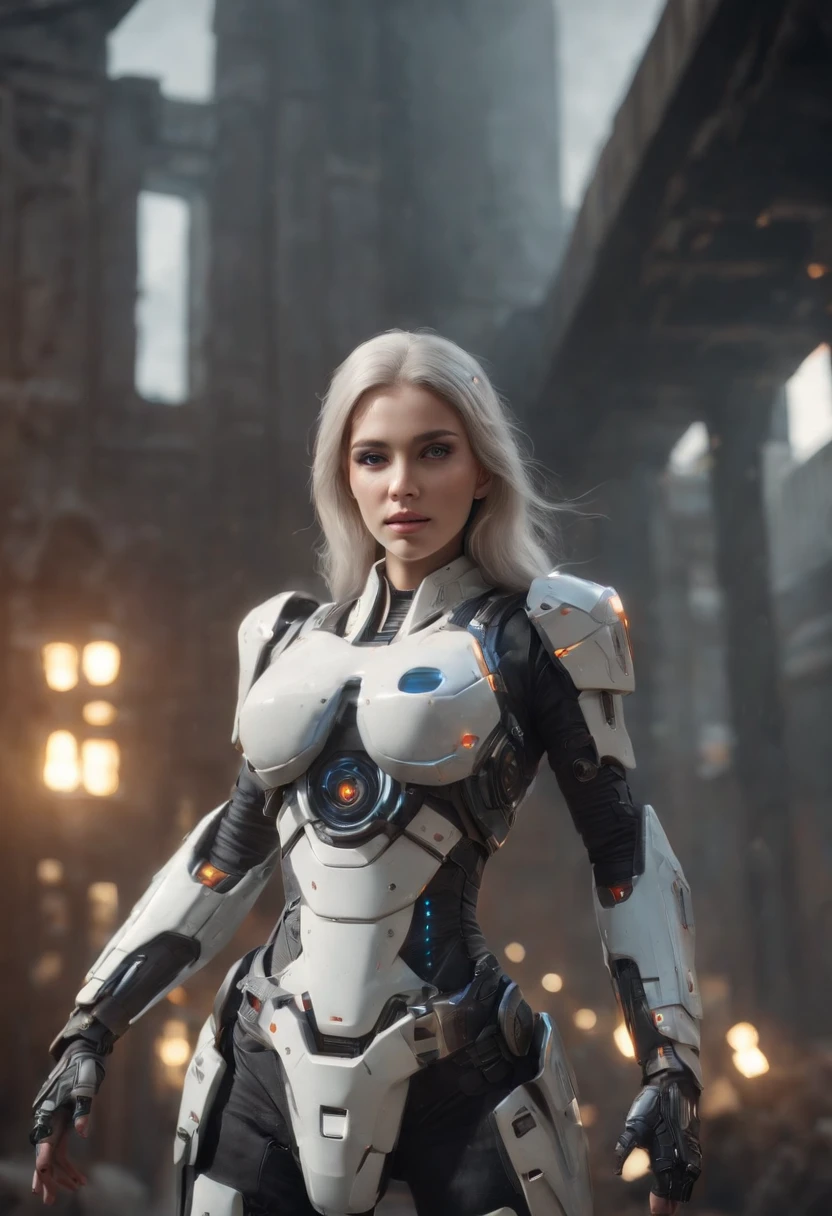 ((Best Quality)), ((Masterpiece)), (Very Detailed:1.3), 3D, Shitu-mecha, Beautiful cyberpunk woman wearing a crown with her mecha in ruins of a city of forgotten wars, streets with mecha in firefight, long silver hair, sci-fi technology, HDR (High Dynamic Range), ray tracing, NVIDIA RTX, super resolution, Unreal 5, subsurface scattering, PBR texture, post-processing, anisotropic filtering, depth of field, maximum sharpness and sharpness, Multi-layer textures, albedo and specular maps, surface shading, accurate simulation of light-material interactions, perfect ratios, octane rendering, duotone lighting, low ISO, white balance, rule of thirds, wide aperture, 8K RAW, efficient sub-pixels, subpixel convolution, luminous particles, light scattering, Tyndall effect,upper body