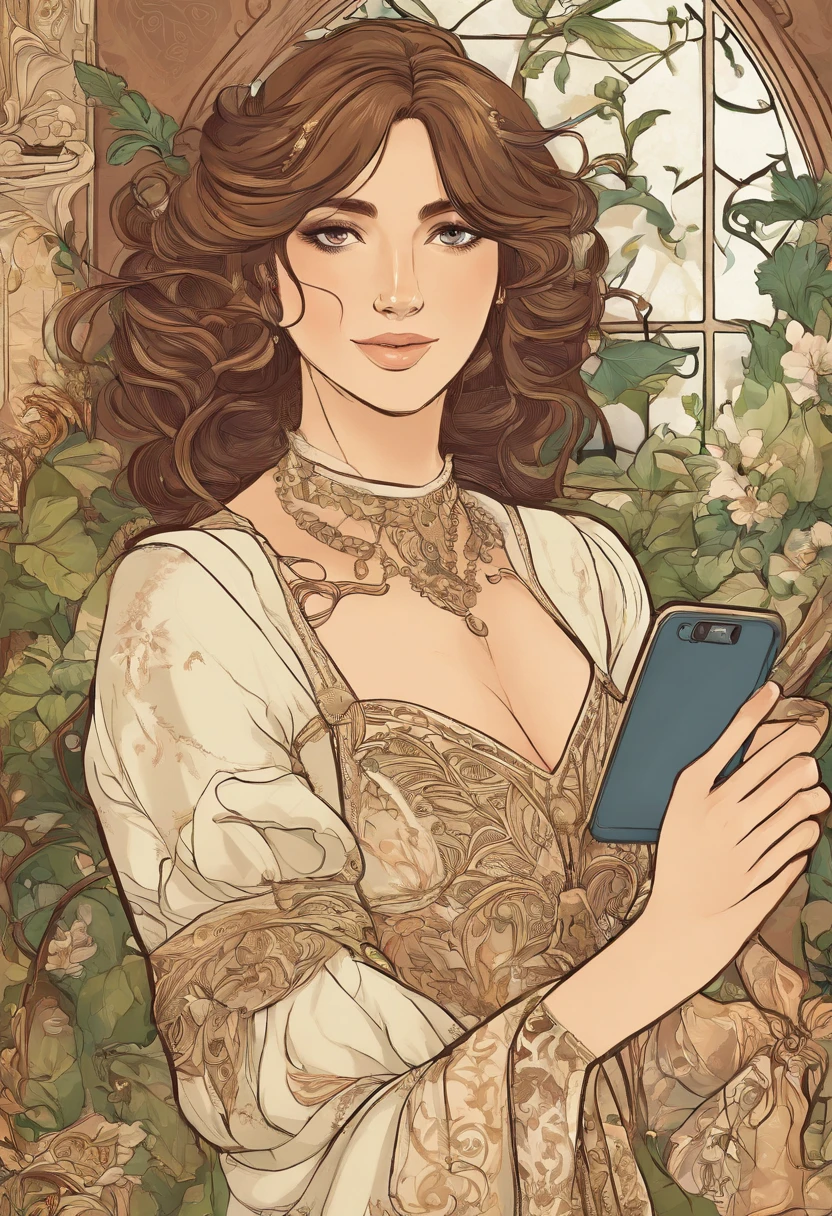 Woman in her 30s playing with her phone, Cowboy long stubborn,High neck long-sleeved top, Inside a room with lots of plants, Sit on a comfortable groom,Facial expression smile,Long brown hair, photograph realistic, Ultra detailed, There is warm sunlight entering the house, (Best quality, Masterpiece,)