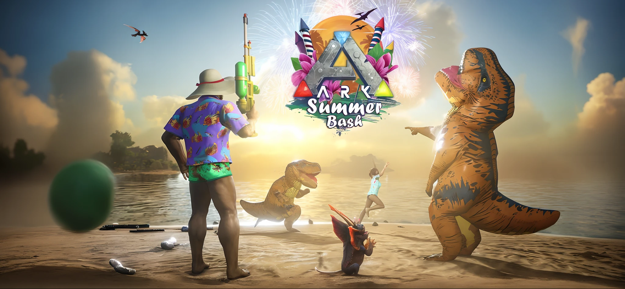 A group of costumed people standing on a beach next to a dinosaur, Ark survival, ark survival evolved, arte oficial, arte oficial splash, Arte Oficial, arte promocional, album cape, 2 mil, 2K, Arte Promocional, Captura de tela oficial, official poster artwork, arte chave, 8k!, arte da capa, Summer Unreal Engine 5