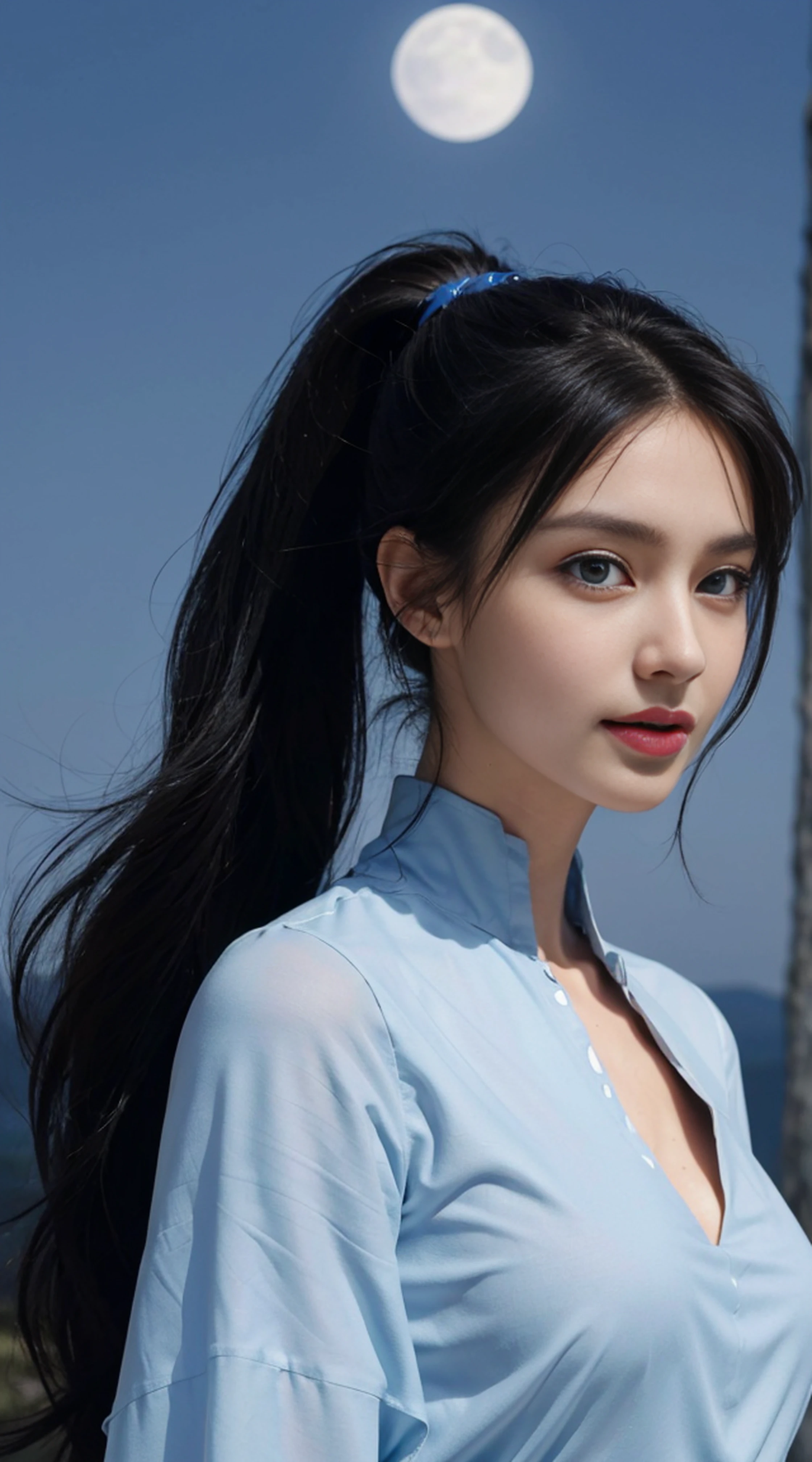 8K, Top Quality, Intricate Details, Ultra Detail, Ultra High Resolution, Masterpiece, random angle,  Slender, Smile, (Makeup: 0.4), (Fluffy Blue Eyes: 1.21), blue Eyes,, ((full body)), 1girl, solo, 1 girl, (( full body)),  close-up shot, standing , , ((tall)), (((fit body))), (((slim face))), sharp face, sharp eyes, (((black hair, long hair, high ponytail , ))  (detailed face), sharp face, small lips, thin lips, 
 (( Caftan )),  detailed face, detailed breast, , large breast, detail, , Beautiful girl with accentuated slender abs: 1.4, Six Pack Abs: 1.4, Bust Botox, Big, Perfect Body, detail leg, (( moonlight)), top of mountain
