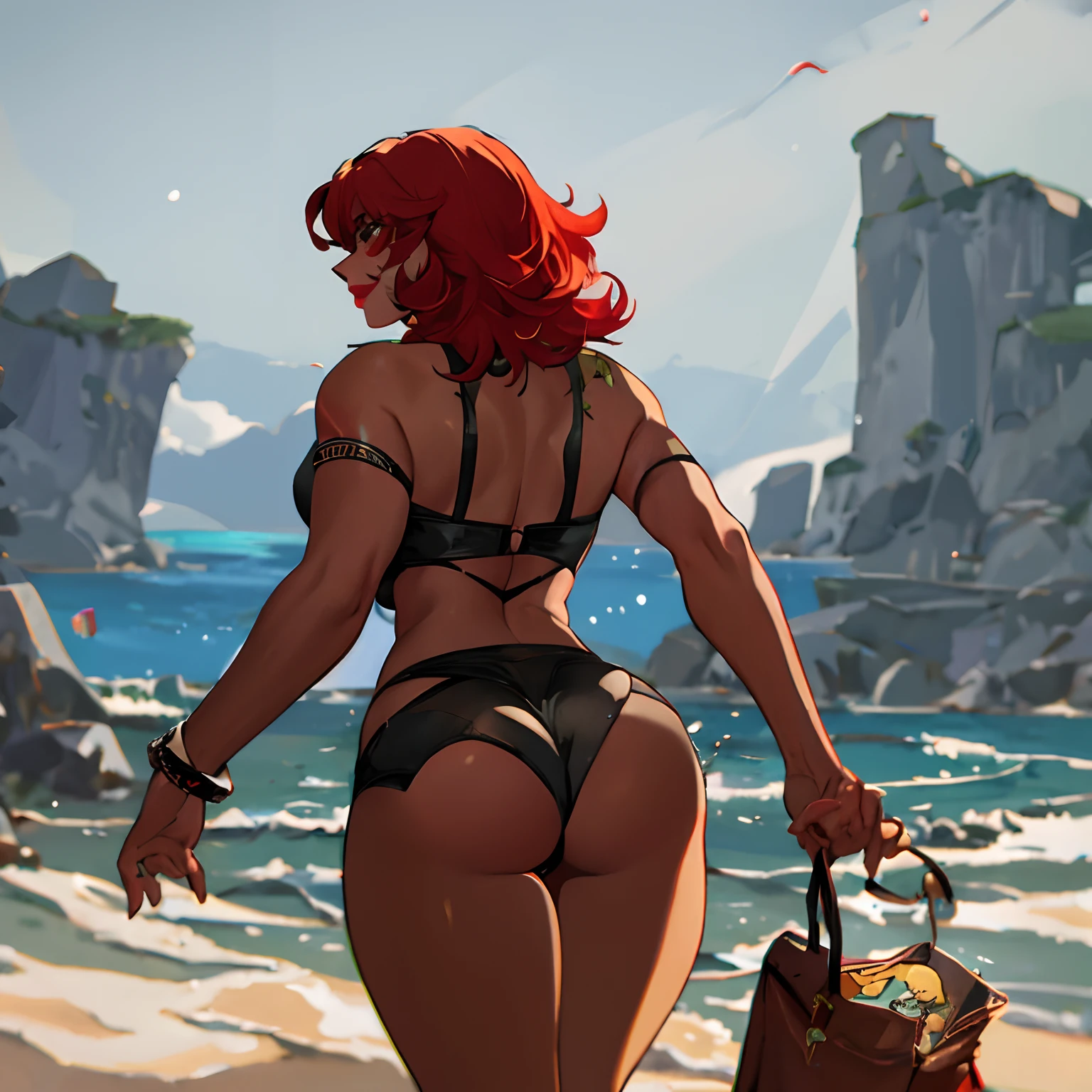 (master part:1.2), (Melhor qualidade1.2), circunstanciado, ( sexo:1.2), 1 bruxa,(maduro), testa aberta,curly hair, (medium hair), red hair, olhos verdes, cabo, lacuna na coxa, small and medium breasts, quadris grandes, Red lipstick, Gargantilha, (De cima para baixo de baixo para cima:0.8), (Orc:1.2), (from behind)