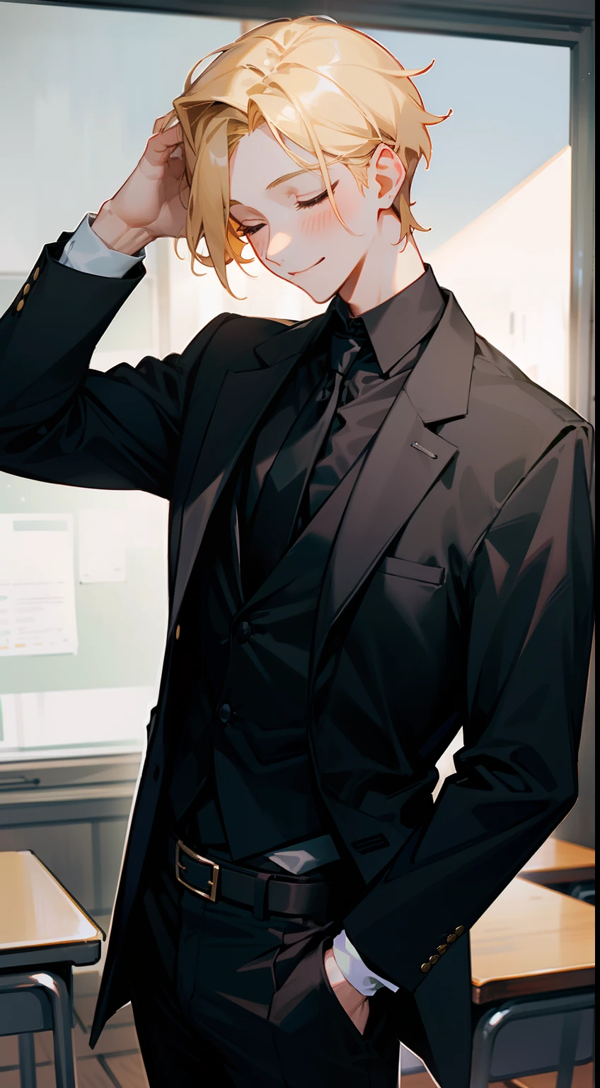 1boy,solo,happy face,wearing a black blazer,black shirt,tight shirt,black tie,black pants,Short hair,blonde hair,closed eyes,classroom,hidden arms,mature male,sexy