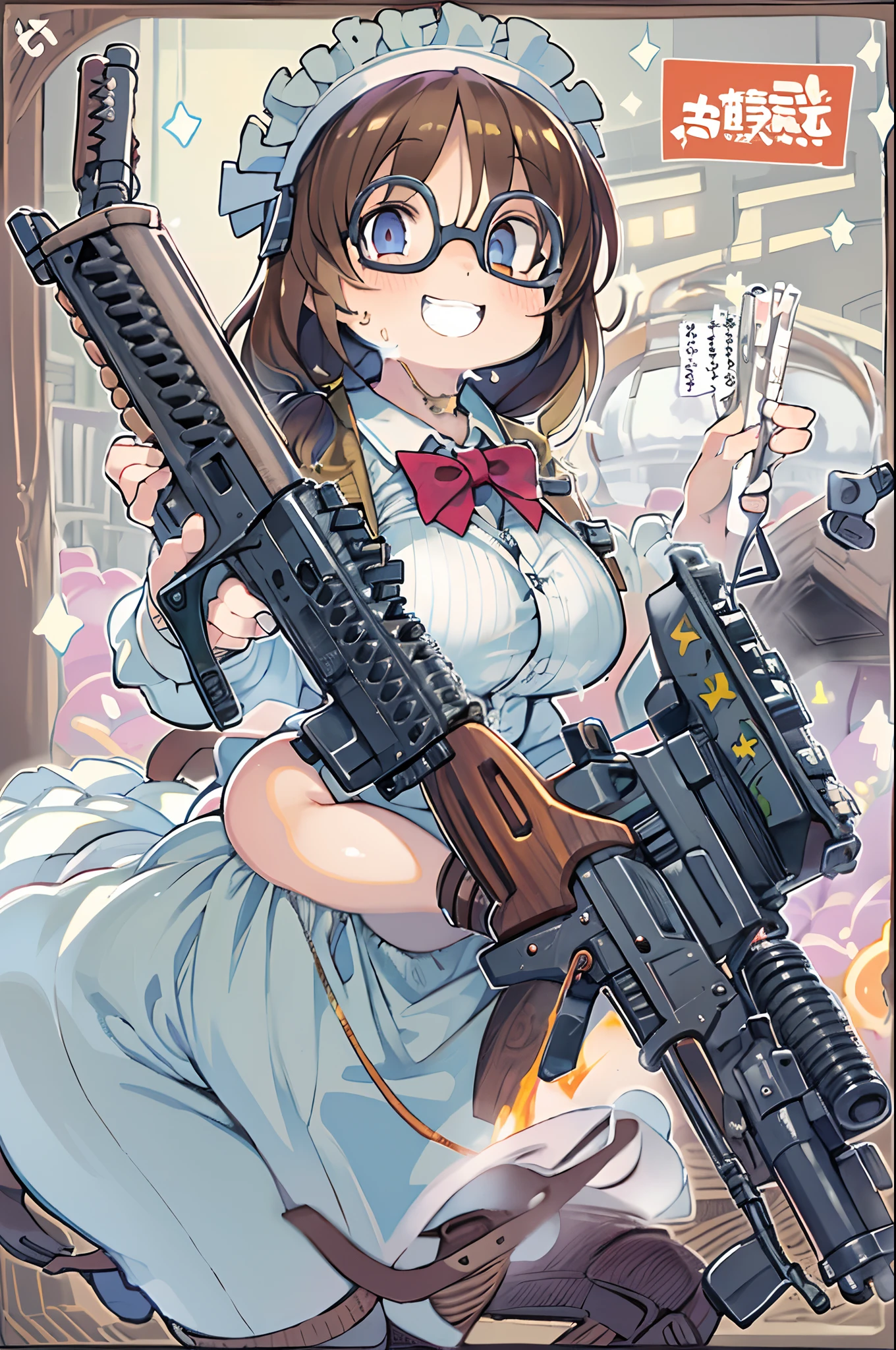 masutepiece, Best Quality, 1girl in, Empty eyes, Utsurome, maid, Smile,a child girl,Lori,(((Huge assault rifle))),rocket launcher、Multiple girls、big round glasses