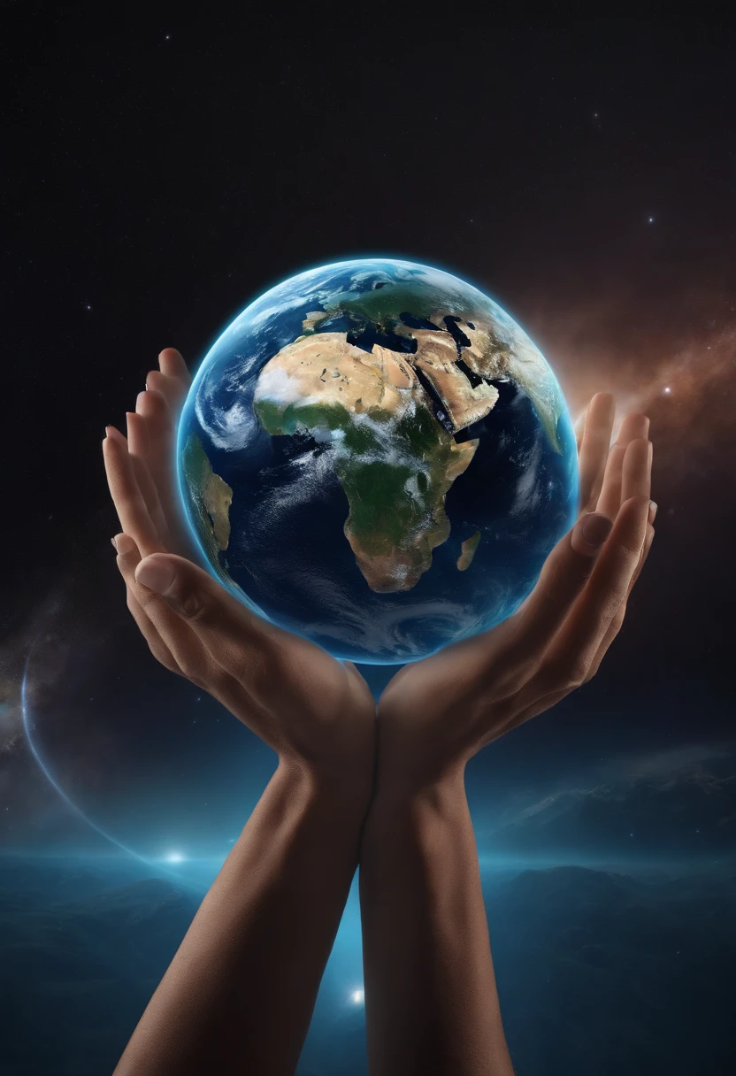 A human has two hands, his hands hold the planet Earth, realistic quality, 4K quality