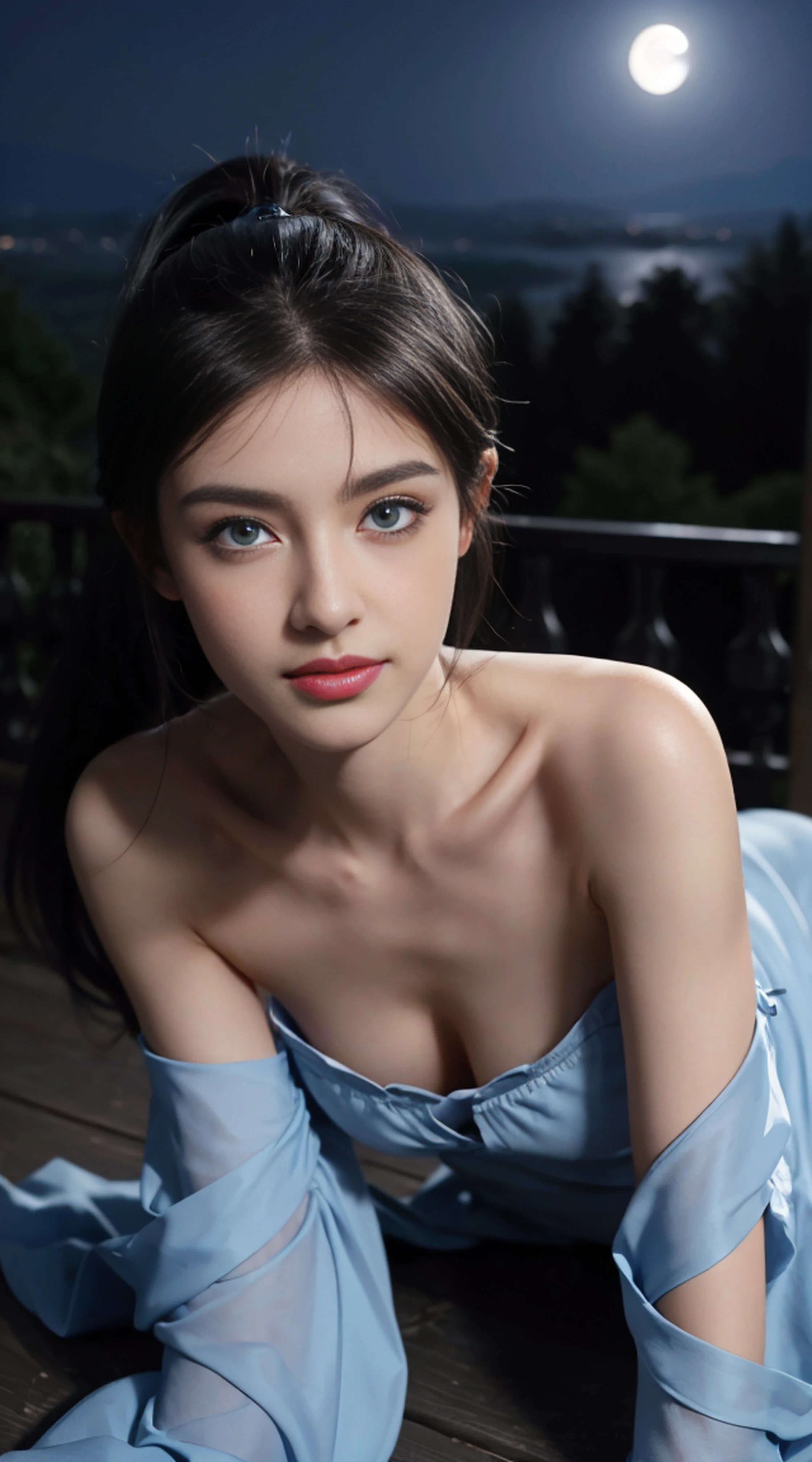 8K, Top Quality, Intricate Details, Ultra Detail, Ultra High Resolution, Masterpiece, random angle, Slender, Smile, (Makeup: 0.4), (Fluffy Blue Eyes: 1.21), blue Eyes,, ((full body)), 1girl, solo, 1 girl, (( full body)), close-up shot, kneeling , , ((tall)), (((fit body))), (((slim face))), sharp face, sharp eyes, (((black hair, long hair, high ponytail , )) (detailed face), sharp face, small lips, thin lips,
(( Caftan )), detailed face, detailed breast, , large breast, detail, , Beautiful girl with accentuated slender abs: 1.4, Six Pack Abs: 1.4, Bust Botox, Big, Perfect Body, detail leg, (( moonlight)), top of mountain