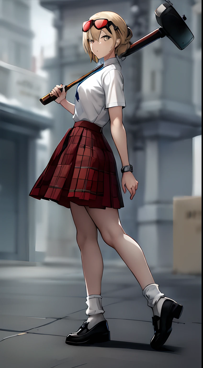 anime girl with a hammer walking down a street, girls frontline style, from girls frontline, realistic schoolgirl, a hyperrealistic schoolgirl, hyperrealistic schoolgirl, female protagonist 👀 :8, style anime, fine details. girls frontline, school girl, girls frontline cg, cushart krenz key art feminine, urban girl fanart, kantai collection style