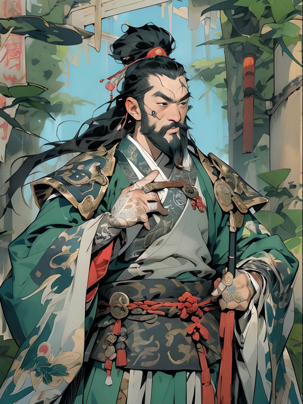 (((China-style,Ink painting method,Half-length portrait,Intense color,Han dynasty, China,Hanfu,Armor,Guan yu,Guan Yunchang,of a guy,Ruddy killing square face,Hold the Blue Dragon Moon Knife in his right hand,Stroke your beard with your left hand,Long hair,petty eyes,Green robe))), (((best qualityer))), (((tmasterpiece))), (((AS-Adult))), ((( Japanese ))), Look up from your knees, Handsome Asian samurai,perfect body figure, Modern samurai, ((( Asian))), Wear gloves on your hands,The left arm is made of steel and metal tips,Made of protective devices, The eyes are pulled, (( Appears below the chest )), (( Small dental floss )), Simon Bisley, Almost naked(Simon Bisley)Castle City Wilderness,For high-resolution posters, hair straight, Minimum clothing, armure (Crazy clothes ), Full of tips and rivets, tribal tattoos, (((full bodyesbian))), Straight brunette hair,Colored hair ends