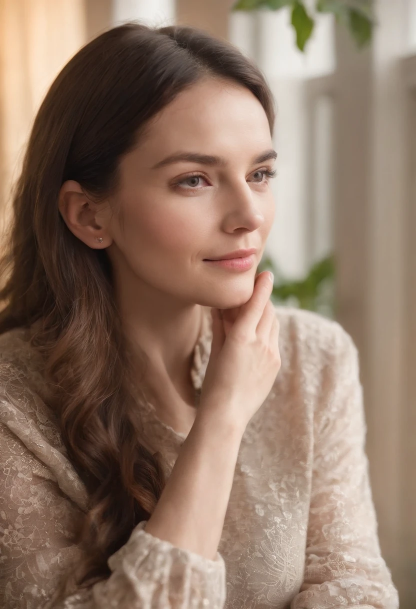 Woman in her 30s playing with her phone, Cowboy long stubborn,High neck long-sleeved top, Inside a room with lots of plants, Sit on a comfortable groom,Facial expression smile,Long brown hair, photograph realistic, Ultra detailed, There is warm sunlight entering the house, (Best quality, Masterpiece,)