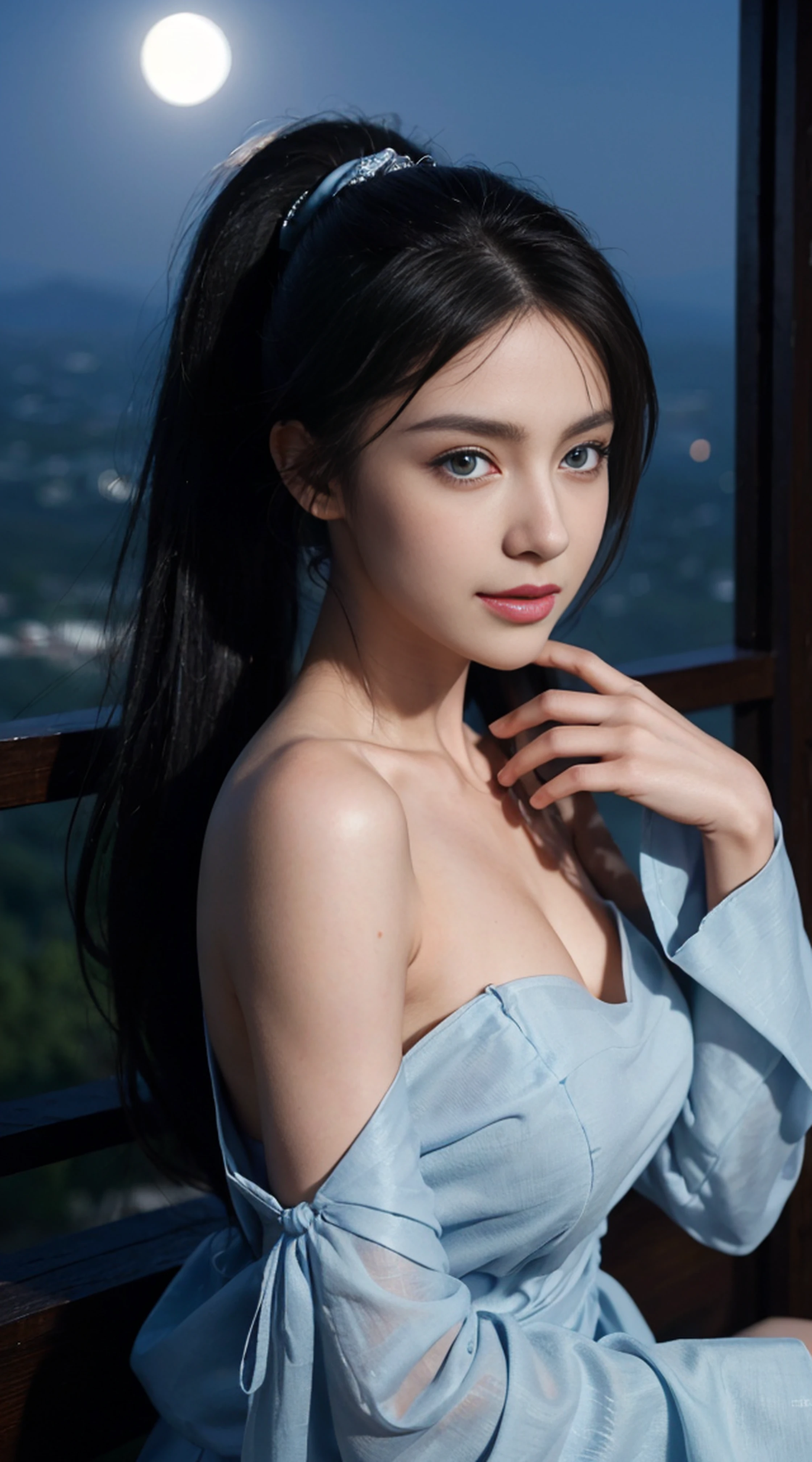 8K, Top Quality, Intricate Details, Ultra Detail, Ultra High Resolution, Masterpiece, random angle, Slender, Smile, (Makeup: 0.4), (Fluffy Blue Eyes: 1.21), blue Eyes,, ((full body)), 1girl, solo, 1 girl, (( full body)), close-up shot, sitting, on side , , ((tall)), (((fit body))), (((slim face))), sharp face, sharp eyes, (((black hair, long hair, high ponytail )) (detailed face), sharp face, small lips, thin lips,
(( Caftan )), detailed face, detailed breast, , large breast, detail, , Beautiful girl with accentuated slender abs: 1.4, Six Pack Abs: 1.4, Bust Botox, Big, Perfect Body, detail leg, (( moonlight)), top of mountain