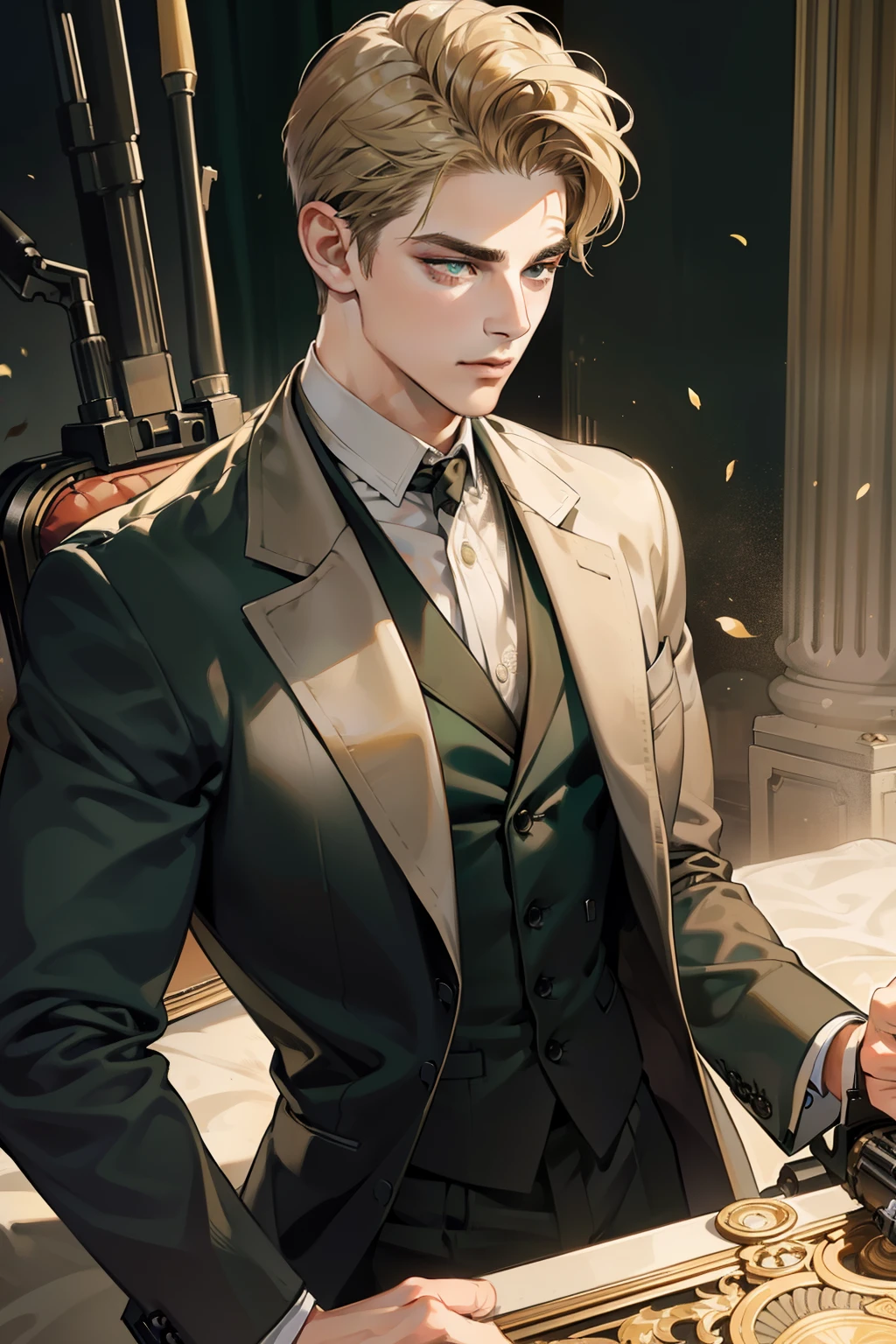 masterpiece, best quality, realistic, 1man, mature male, quiet and charming young man, 25 years old, close his eyes, serious, closed mouth, extremely detailed face, a little distant, ((dark green eyes)), ((short-side-swept sandy blonde hair)), [thick eyebrows], mafia, ((black suit)), ((holding a machine gun)), accurate, detailed.