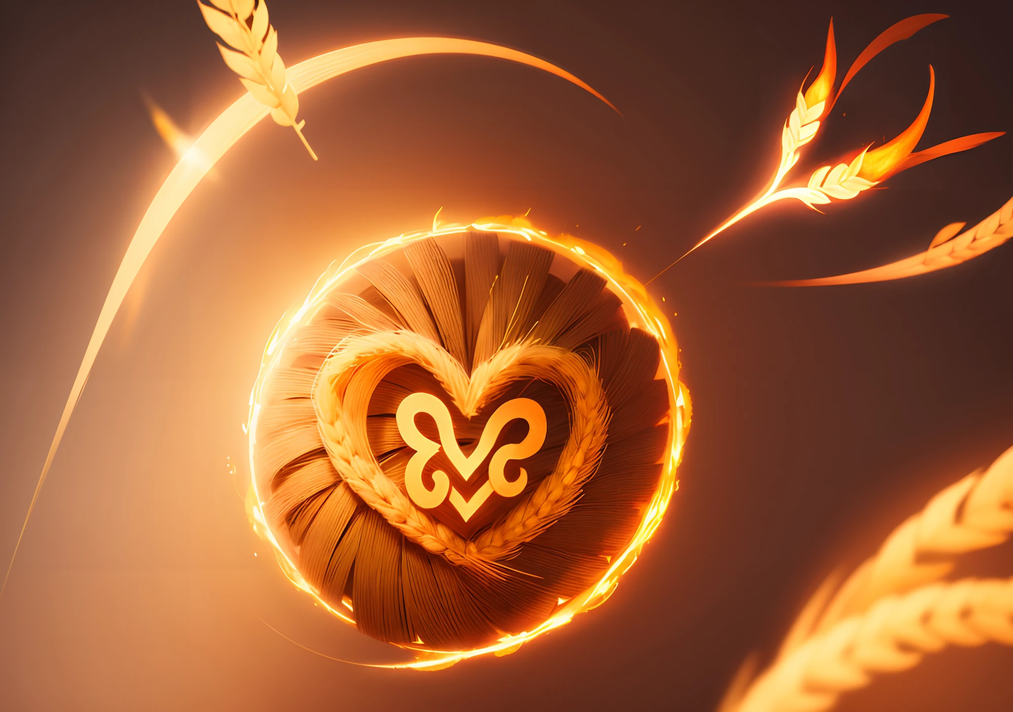 A logo with ears of wheat and a heart drawing of lines forming a heart of fire, also a circle behind the heart