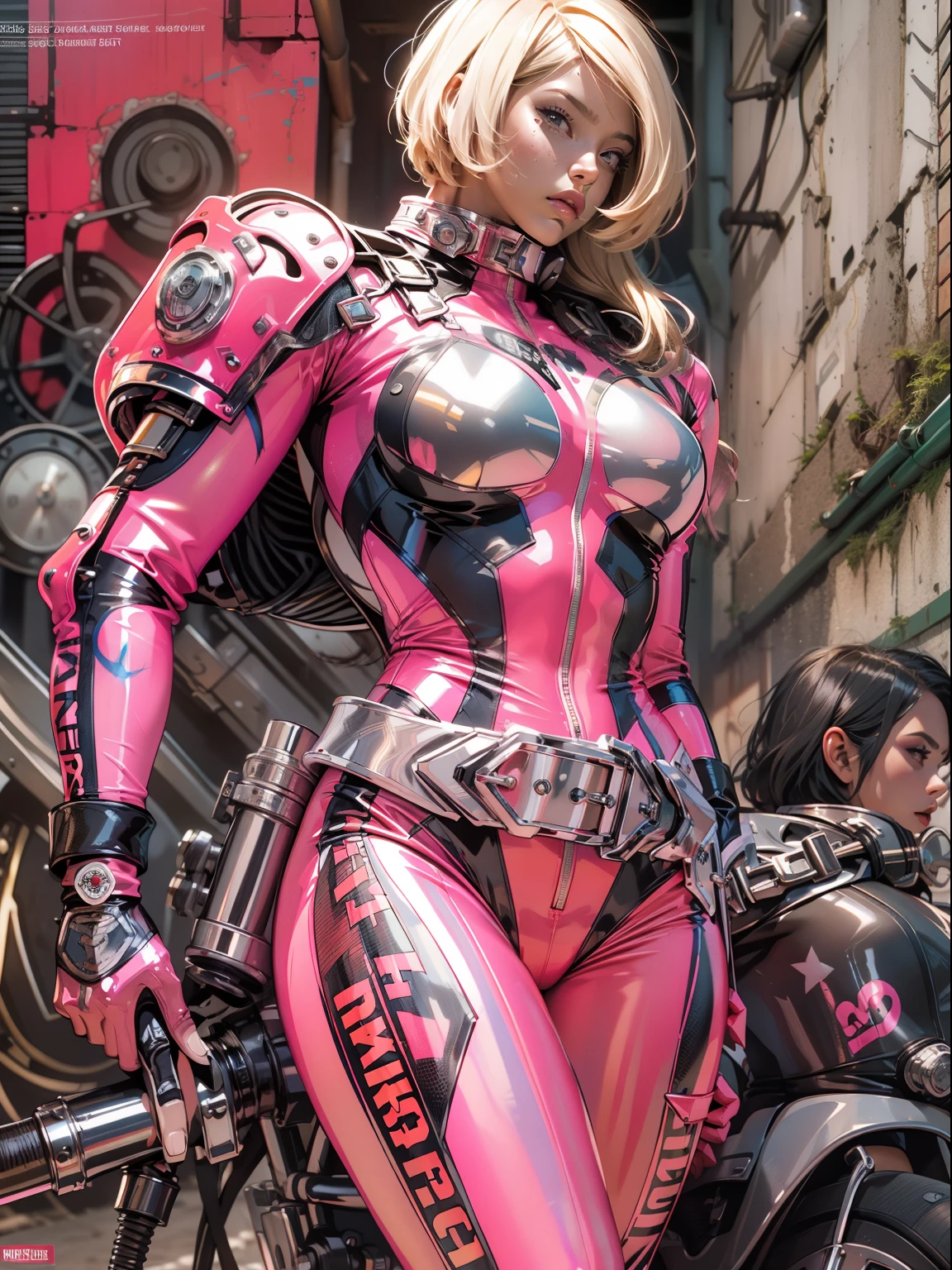 (((woman))), (((best qualityer))), (((tmasterpiece))), (((AS-Adult))), (((1girll))), ((( Bob Hairstyles ))), ((( latina ))), ((( dark-skin ))), A 25-year-old cyberpunk gladiator with a perfect body, Shoulder pads with metal spines, Brooklyn gladiolus, tanned (( Bob Hairstyles )), Small leather panties, Torn football team shirt, Simon Beasley, almost naked(Simon Bisley)Urban barbaric style for《heavy metal》MagazineCover, with short golden hair, Minimum clothing, Left arm metal protection,With complex graphics, Faded red with white stars and paisley motifs, navy and white, Armor painted with aggressive graphics, Full of tips and rivets, (((From the knee up))), The background is Shepard Fairley(Shepard Fairey)Painted walls of complex design,(RAW photo:1.2),Pink latex jumpsuit,Hollow-out on,Holt collar, latex shiny,tight-fitting,sweat leggs,White liquid, Pink body, wearing atsuko kudo latex outfit, wearing tight suit, Smooth pink skin, catsuits, Wearing latex, shiny plastic, shiny metallic glossy skin, The color of pink glow, latex outfit, chrome bodysuit, cyberpunk glossy latex suit, Shiny, futuristic glossy latex suit spread their legs M-shaped legs angry look sullenness Irritated,white liquid all over body,