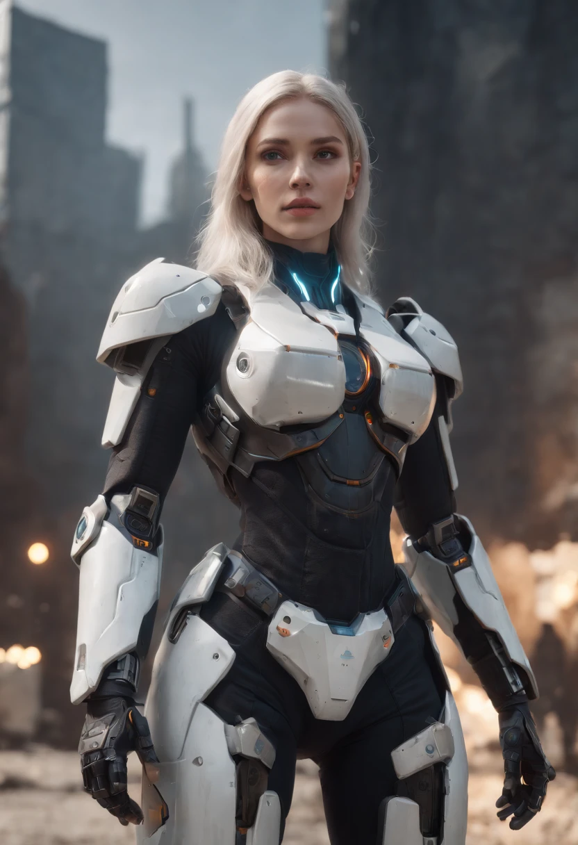 ((Best Quality)), ((Masterpiece)), (Very Detailed:1.3), 3D, Shitu-mecha, Beautiful cyberpunk woman wearing a crown with her mecha in ruins of a city of forgotten wars, streets with mecha in firefight, long silver hair, sci-fi technology, HDR (High Dynamic Range), ray tracing, NVIDIA RTX, super resolution, Unreal 5, subsurface scattering, PBR texture, post-processing, anisotropic filtering, depth of field, maximum sharpness and sharpness, Multi-layer textures, albedo and specular maps, surface shading, accurate simulation of light-material interactions, perfect ratios, octane rendering, duotone lighting, low ISO, white balance, rule of thirds, wide aperture, 8K RAW, efficient sub-pixels, subpixel convolution, luminous particles, light scattering, Tyndall effect,upper body