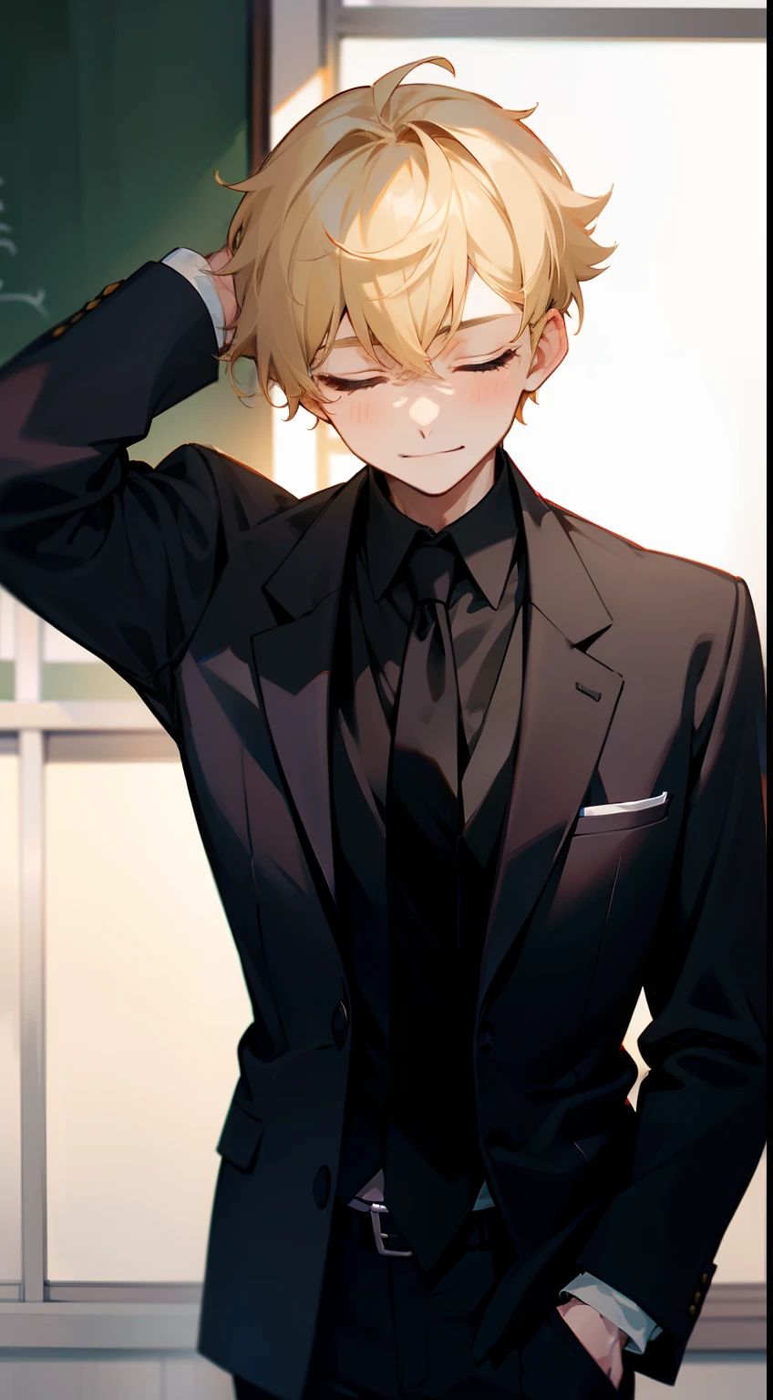 1boy,solo,happy face,wearing a black blazer,black shirt,tight shirt,black tie,black pants,Short hair,blonde hair,closed eyes,classroom,hidden arms,mature male,sexy