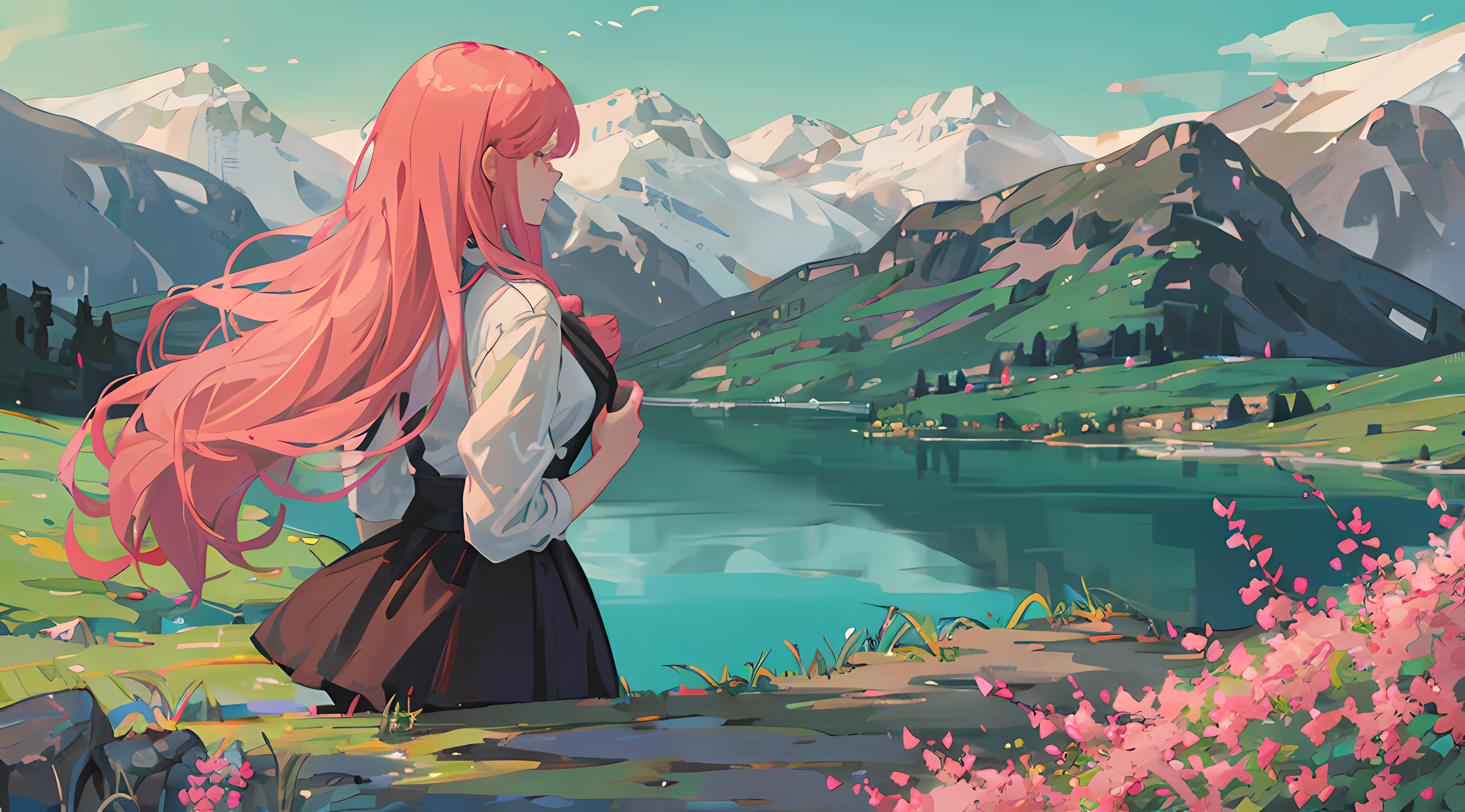 Mother with long pink hair，Take your daughter to the blue