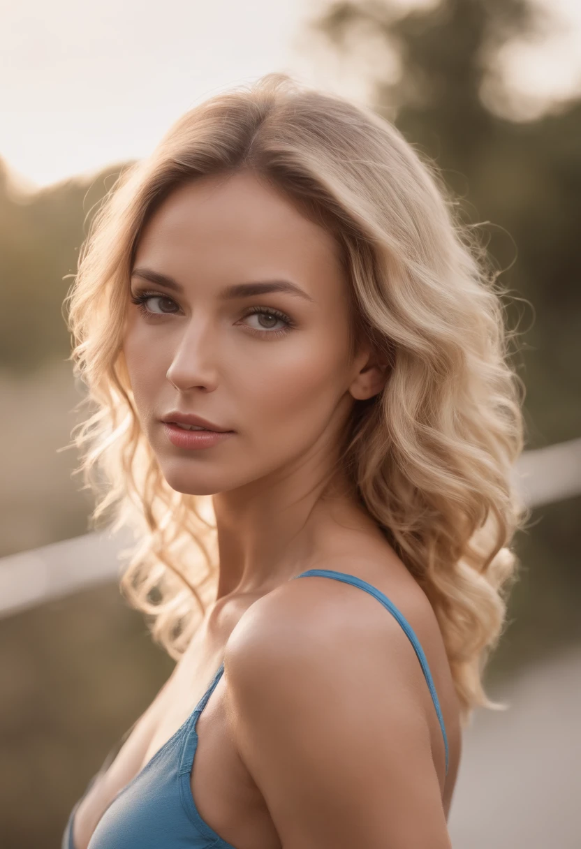 sexy woman, Year 20, A thin, athletic, shiny tanned skin, Huge-breasts, skinny waist, curly blonde hair, , realisti, Cinematographer, real, natural