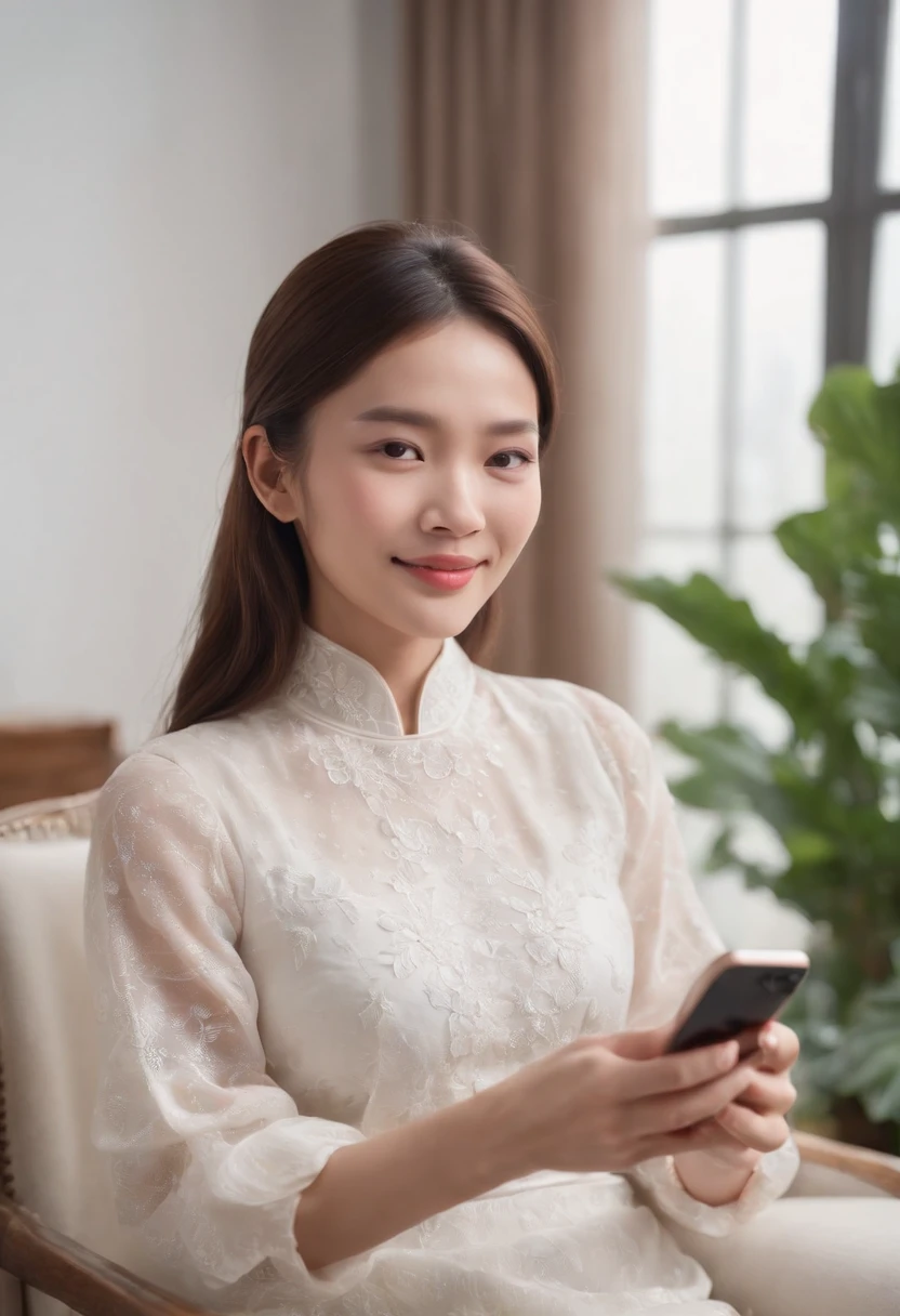 Chinese lady in her 30s happily concentrates on playing with her mobile phone, Cowboy long stubborn，High neck long-sleeved top, Inside a room with lots of plants, Sit on a comfortable groom，Facial expression smile，Long brown hair, photograph realistic, Ultra detailed, There is warm sunlight entering the house,More interior details (Best quality, Masterpiece,)