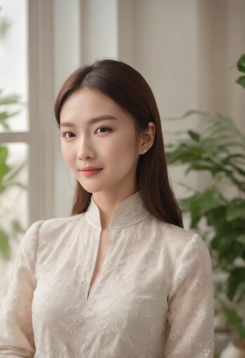 Chinese lady in her 30s happily concentrates on playing with her mobile phone, Cowboy long stubborn,High neck long-sleeved top, Inside a room with lots of plants, Sit on a comfortable groom,Facial expression smile,Long brown hair, photograph realistic, Ultra detailed, There is warm sunlight entering the house,More interior details (Best quality, Masterpiece,)
