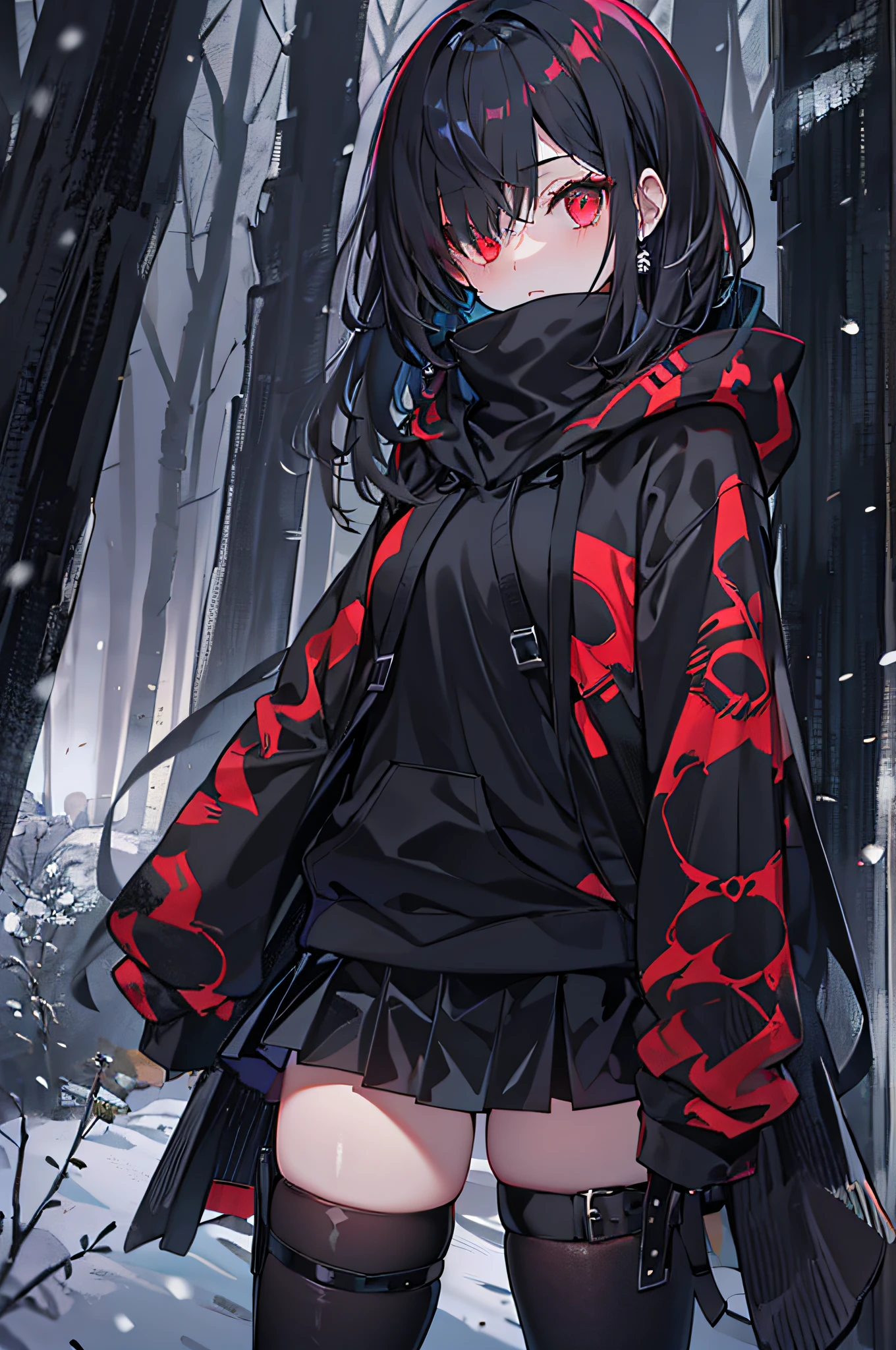 red color eyes, Black color hair, Black platform boots, short detailed hair, black thigh socks, Hair covers one eye, black   hoodie, Black thigh strap, black sash,nigth，black short skirt，ln the forest，at winter season，bit girl，waiting to start