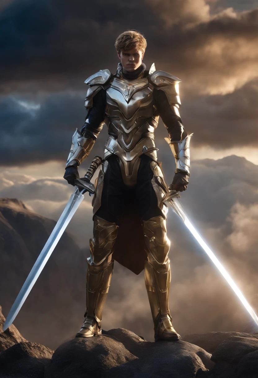 A man, wearing genos armor, standing pose on planet earth, hand holding a sword, realistic quality, 4K quality