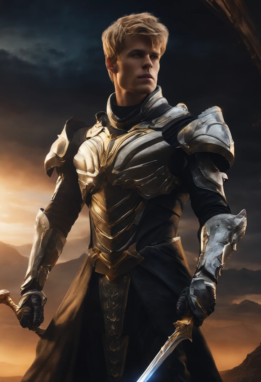 A man, wearing genos armor, standing pose on planet earth, hand holding a sword, realistic quality, 4K quality