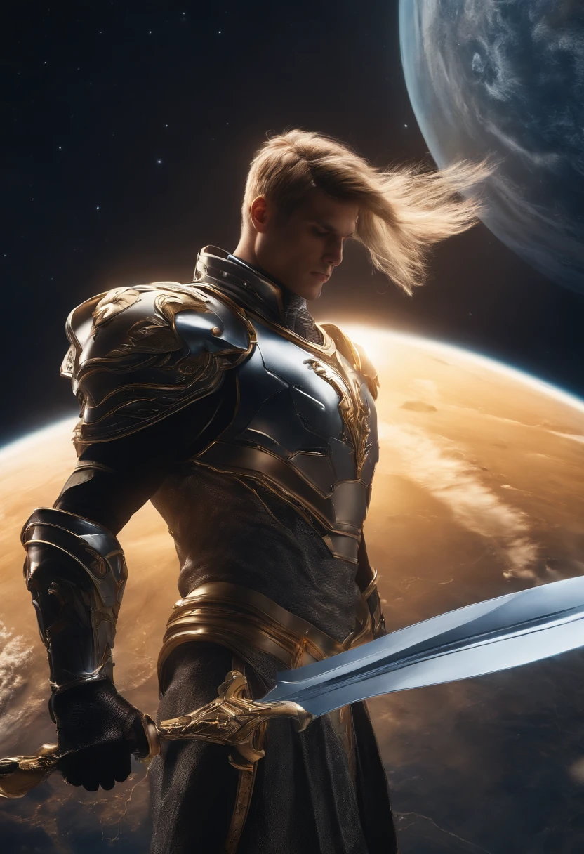 A man, wearing genos armor, standing pose on planet earth, hand holding a sword, realistic quality, 4K quality