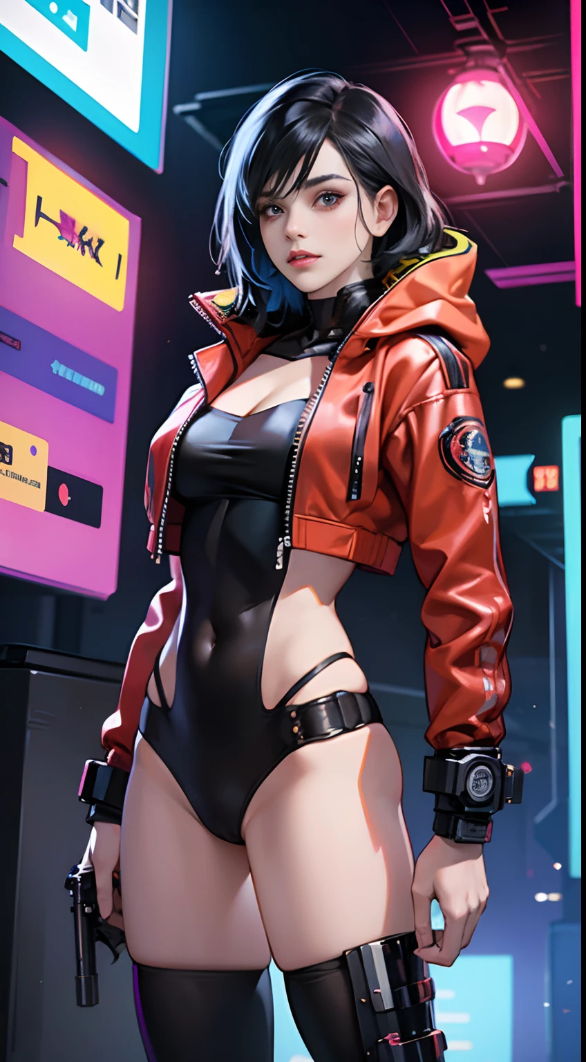 a female cyborg,skimpy costume,cosplayer,colourful jacket,cloak,pussy,busty,pubic hair,glamour,psychedelic tone,armored,A Cyberpunk dystopian girl,fantasic dystopia,dystopian scape,bladerunner,ghost in the shell,photorealistic,psychedelic colourful tone,posing,armed,guns,weapons,masterpiece,detailed,8k,Nsfw,MILF,octane render,detailed Cyberpunk background