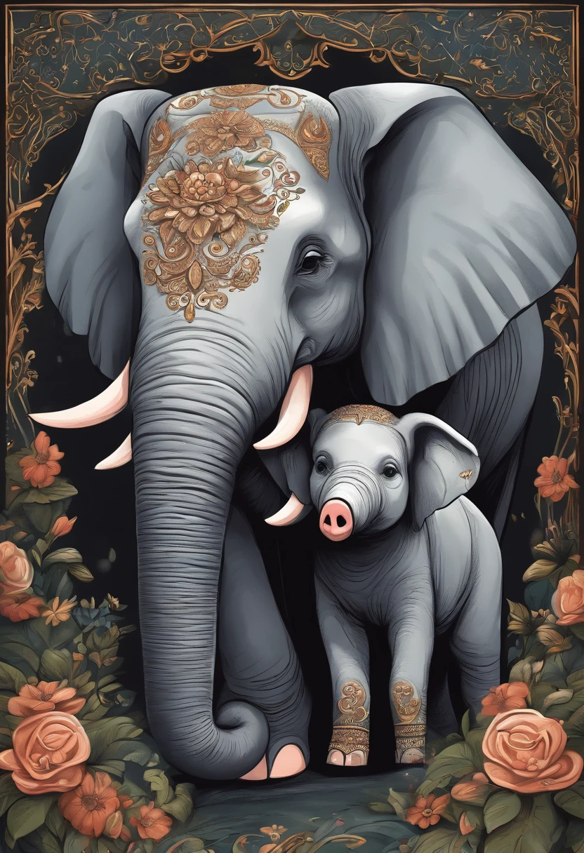 Draw a cute and detailed cartoon image of an elephant hugging a pig