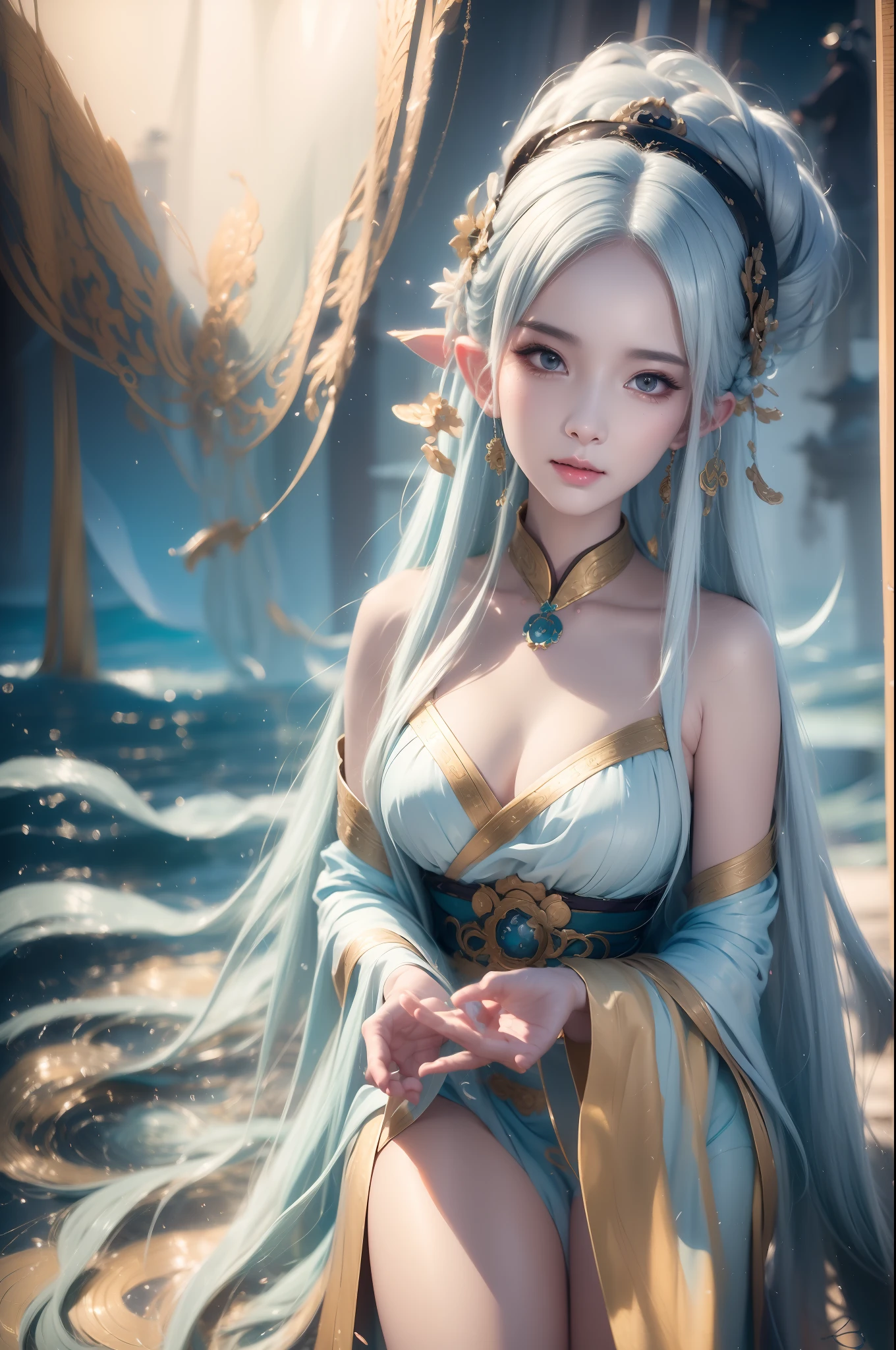 close-up of a woman with white hair and white mask, Beautiful character painting, Guviz, Guviz-style artwork, white-haired god, by Yang J, epic exquisite character art, Stunning character art, author:Fan Qi, author:Wu Zhun Shi Fan, Guweiz in Pixiv ArtStation