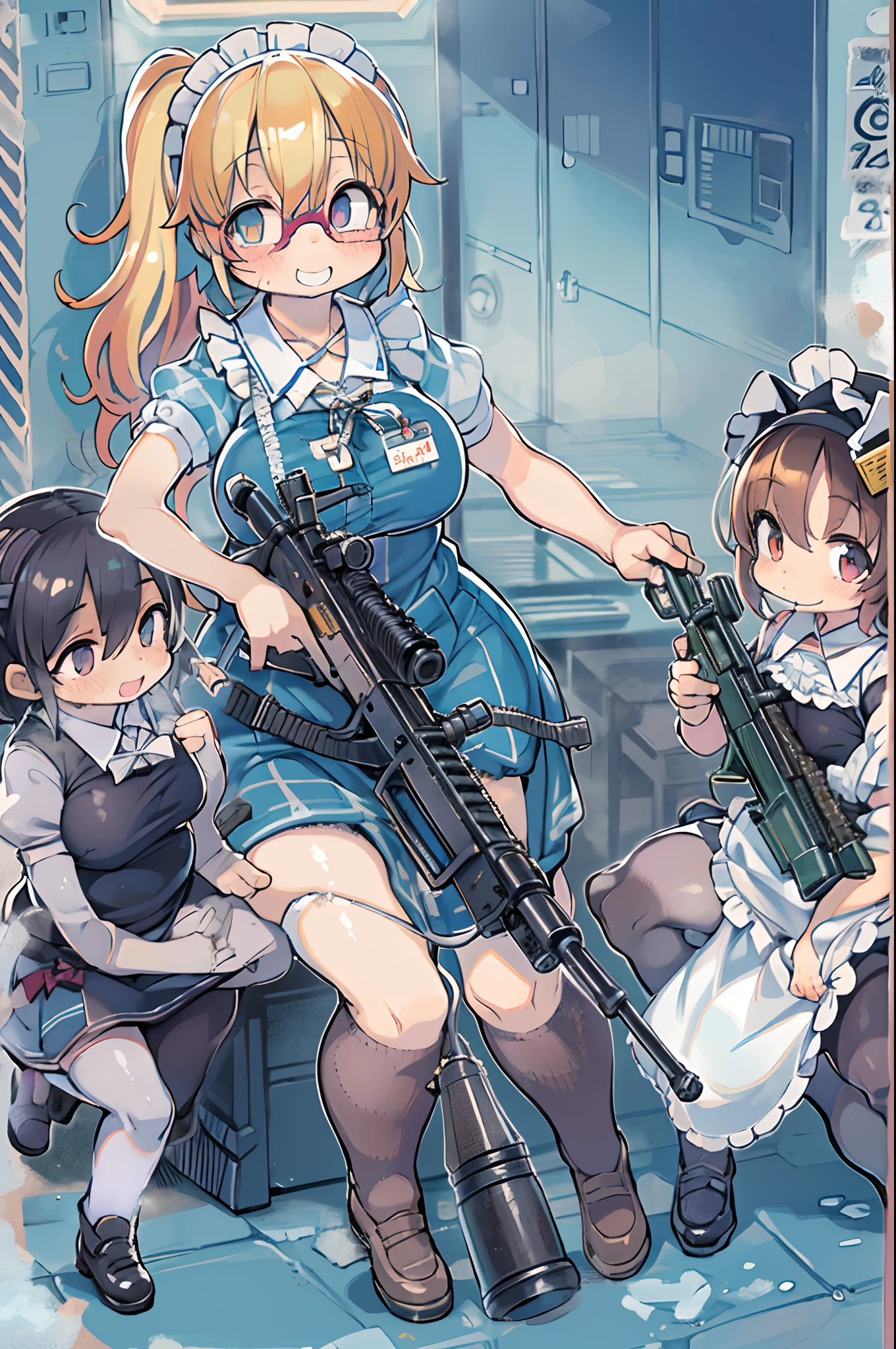 masutepiece, Best Quality, 1girl in, Empty eyes, Utsurome, maid, Smile,a child girl,Lori,(((Huge assault rifle))),rocket launcher、Multiple girls、big round glasses
