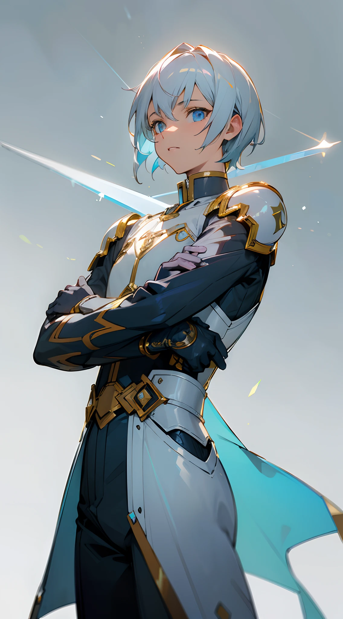 (masterpiece, best quality:1.3),beautiful detailed glow,best illuminate,(((best quality,textile shading,ultra detailed))),extremely detailed CG unity 8k wallpaper,Highly Detailed beautiful and aesthetic,best light,high resolution,detailed,dynamic lighting , mix of sword art online and futuristic style clothes , ((gray background)) , ((wearing the colors white, gold and blue )), Handsome man , White hair , very Short hair , Blue eyes , light skin , muscular, age 28