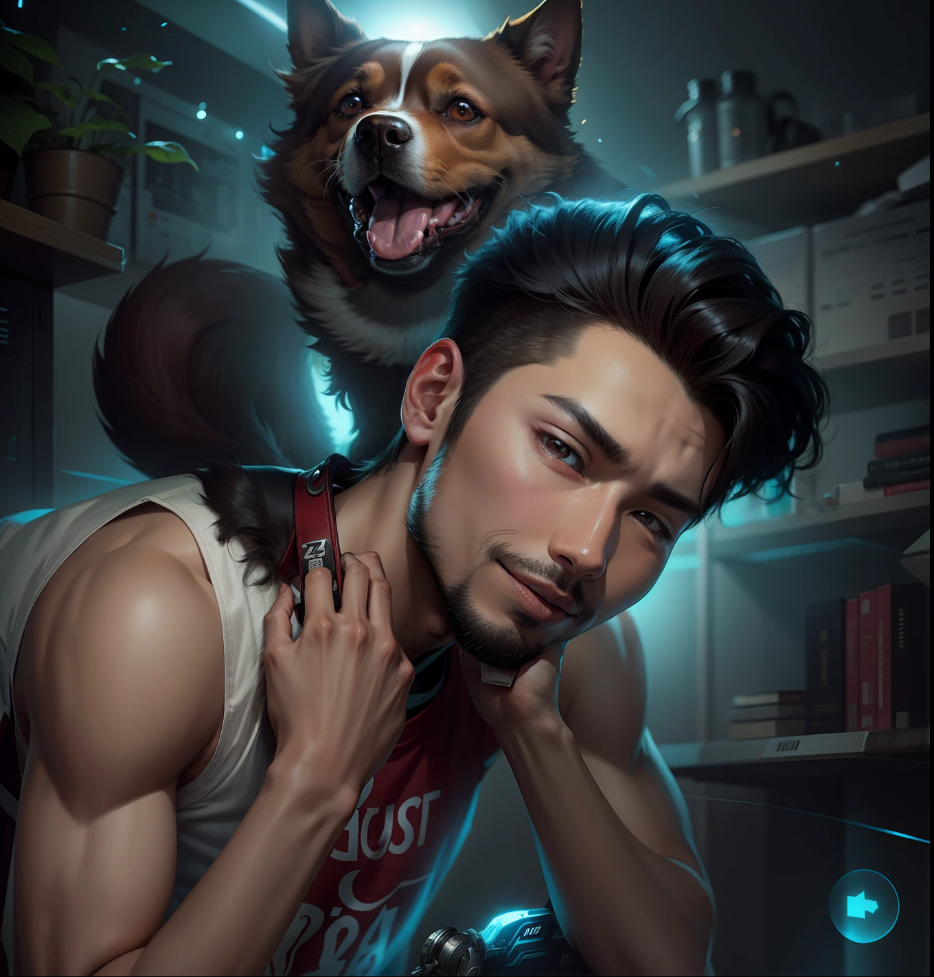Handsome Korean boy and dog changed the background in sci,fi