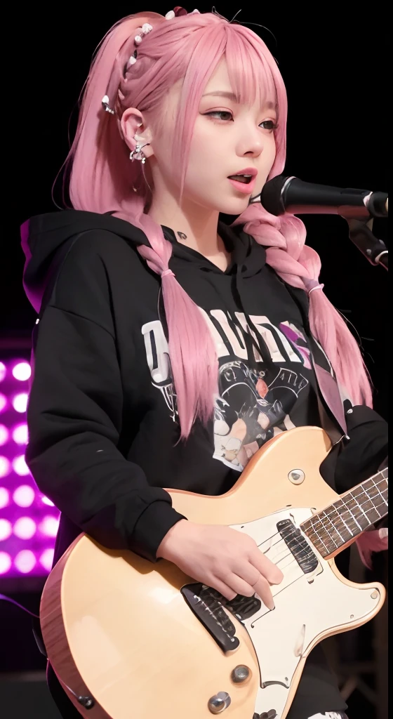 (masutepiece:1.3, Best Quality, Photorealistic, Ultra-detailed, Finely detailed, High resolution, 8K Wallpaper), 1 beautiful girl, Band Group Vocals, in a black hoodie, Singing a song on an electric guitar, Stand Microphone, Mouth open, Beautiful face, Detailed face, Beautiful eyes, Detailed eyes, Looks fun、Smiling, earrings, Necklace, Detailed guitar, (Straight guitar neck and 6 strings), Only 1 person,Pink Hair Medium Hair, (Pink hair), Ear Hair, small tits, Single braid, (Single braid), (Side braid),on a stage, Spotlight, Look at the viewer、small tits