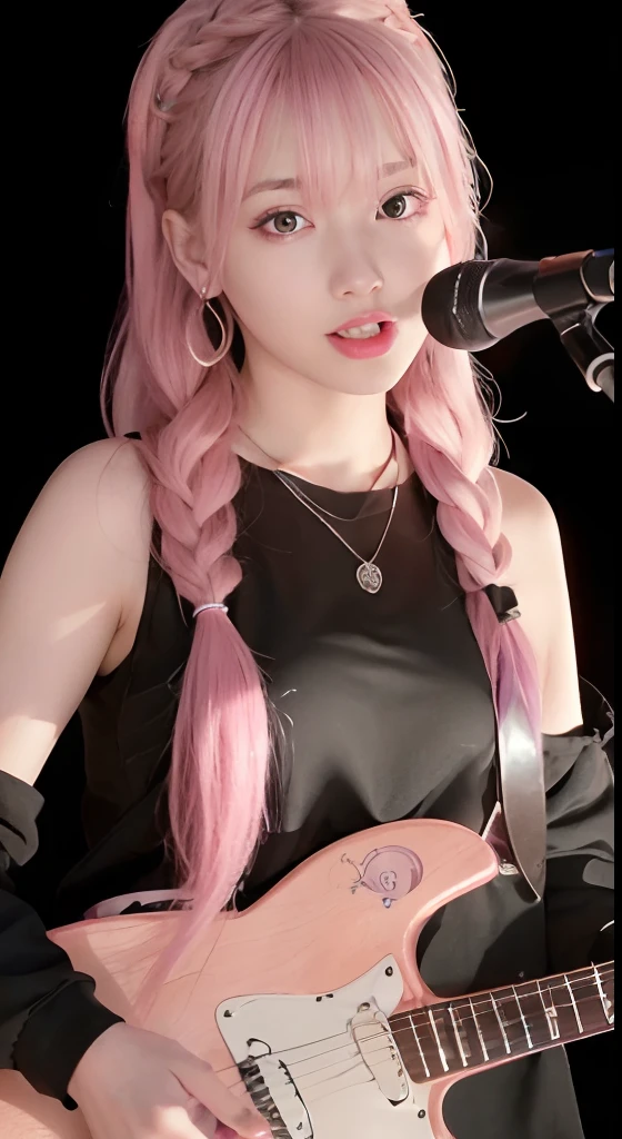 (masutepiece:1.3, Best Quality, Photorealistic, Ultra-detailed, Finely detailed, High resolution, 8K Wallpaper), 1 beautiful girl, Band Group Vocals, in a black hoodie, Singing a song on an electric guitar, Stand Microphone, Mouth open, Beautiful face, Detailed face, Beautiful eyes, Detailed eyes, Looks fun、Smiling, earrings, Necklace, Detailed guitar, (Straight guitar neck and 6 strings), Only 1 person,Pink Hair Medium Hair, (Pink hair), Ear Hair, small tits, Single braid, (Single braid), (Side braid),on a stage, Spotlight, Look at the viewer、small tits