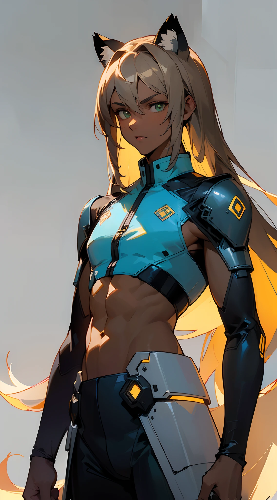 (masterpiece, best quality:1.3),beautiful detailed glow,best illuminate,(((best quality,textile shading,ultra detailed))),extremely detailed CG unity 8k wallpaper,Highly Detailed beautiful and aesthetic,best light,high resolution,detailed,dynamic lighting , mix of sword art online and futuristic style clothes , ((gray background)) , ((wearing the colors white, gold and blue )), ((Beautiful man:1)) , ((Dark skin:1.5)) , (( Extremely long hair)) , Brown hair , ((male:1.4)) , full lips , Green eyes , ((has black Tiger ears:1)) , ((Crop top:1)) , ((Skinny build)) age 32