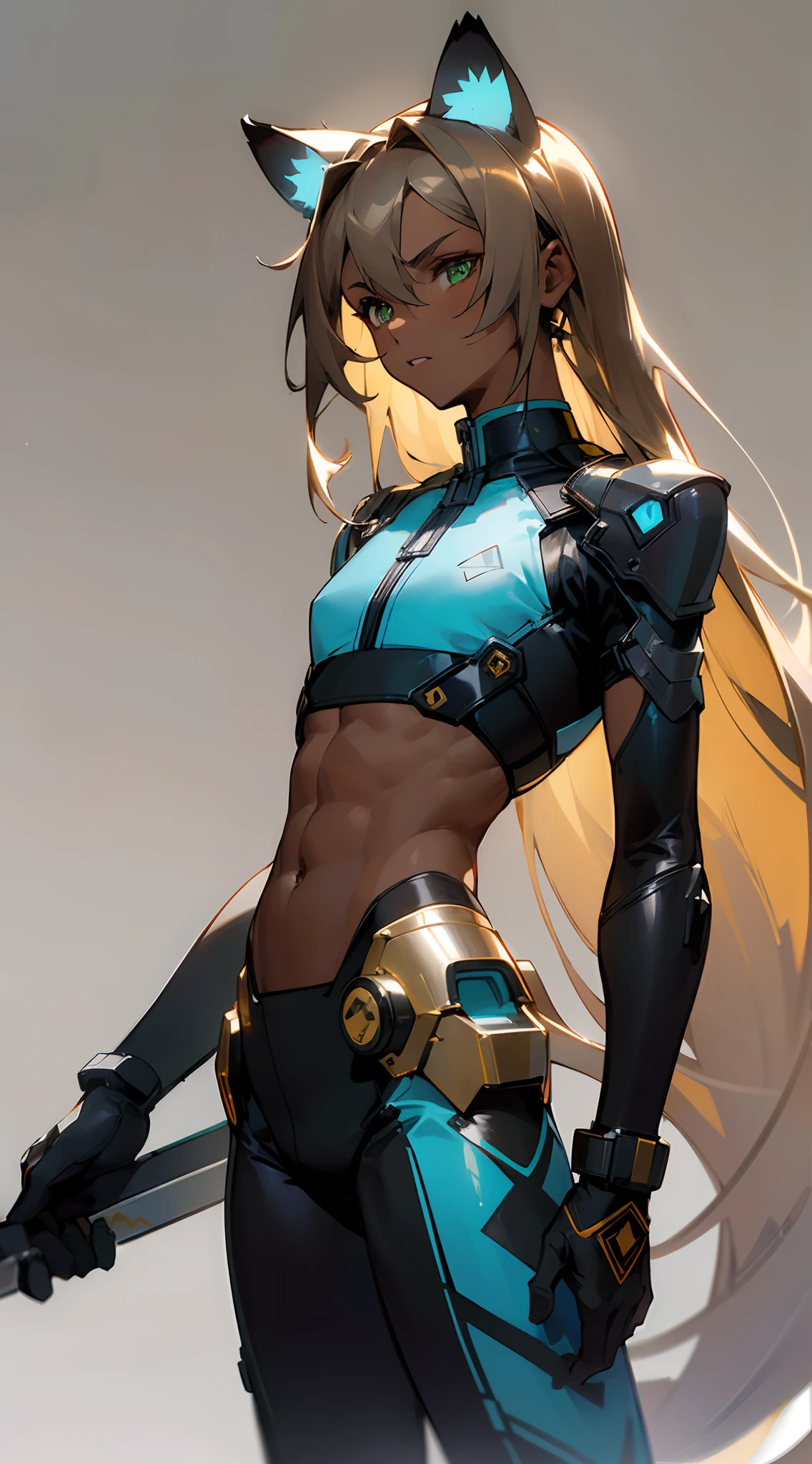 (masterpiece, best quality:1.3),beautiful detailed glow,best illuminate,(((best quality,textile shading,ultra detailed))),extremely detailed CG unity 8k wallpaper,Highly Detailed beautiful and aesthetic,best light,high resolution,detailed,dynamic lighting , mix of sword art online and futuristic style clothes , ((gray background)) , ((wearing the colors white, gold and blue )), ((Beautiful man:1)) , ((Dark skin:1.5)) , (( Extremely long hair)) , Brown hair , ((male:1.4)) , full lips , Green eyes , ((has black Tiger ears:1)) , ((Crop top:1)) , ((Skinny build)) age 32