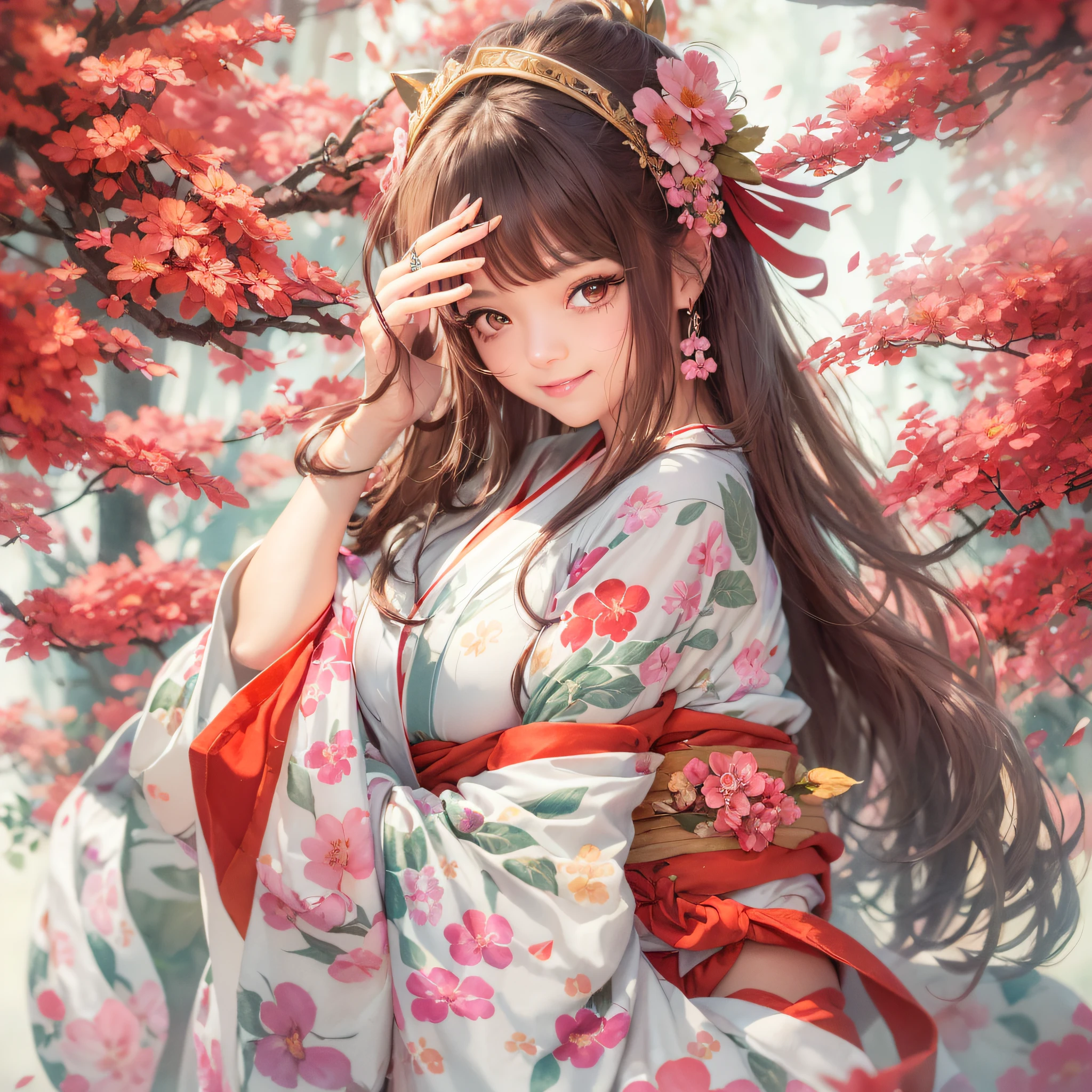 (masutepiece:1.2, Best Quality), (finely detailed beautiful eye: 1.2), ((1girl in)), ((Solo)), (Red Eyes:1.4), (finely detailed eyes and detailed face:1.3), (beautiful and clear background:1.2), (extremely details CG, Ultra-detailed, Best Shadow:1.1), ((depth of fields)), Yamato One Piece, Kimono, Large breasts, Bare shoulders, Flowers and petals, beautiful concept illustration, (White background:0.5), (Illustration:1.1), (extremely fine and beautiful:1.1), (perfect detail:1.1), Yamato, Massive breasts, Looking at Viewer, Smile, Happy, blush, cleavage, Wink, hard , wide hips, thick thighs, White wet kimono, Side boobs, Pose Seductive, Red Hakama, -Imagine-