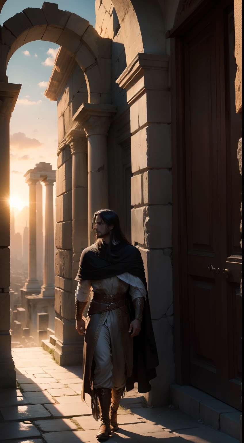 En la antigua ciudad de Tebas, a dark oracle utters a disturbing prophecy about the fate of Oedipus, The Young Prince of the City.Young prince with a determined look on his face.epoch: Ancient Greece.Lugar: The city of Thebes.action: Setting out on a journey.Background: The ancient city of Thebes at sunrise.Tipo de plano: Medium shot.Estilo: Hyper-realistic, cinematic.
