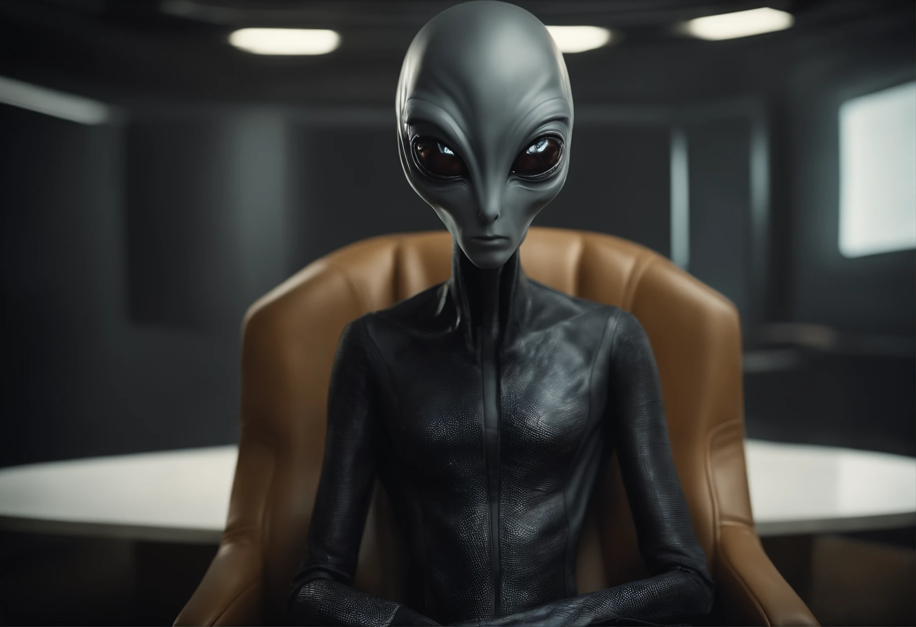 1 grey alien, ojos negros y grandes, con rostro malvado, rostro muy detallado, reclinado en asiento color negro, futurista, realista, hyper-realistic, cinematographic, photography