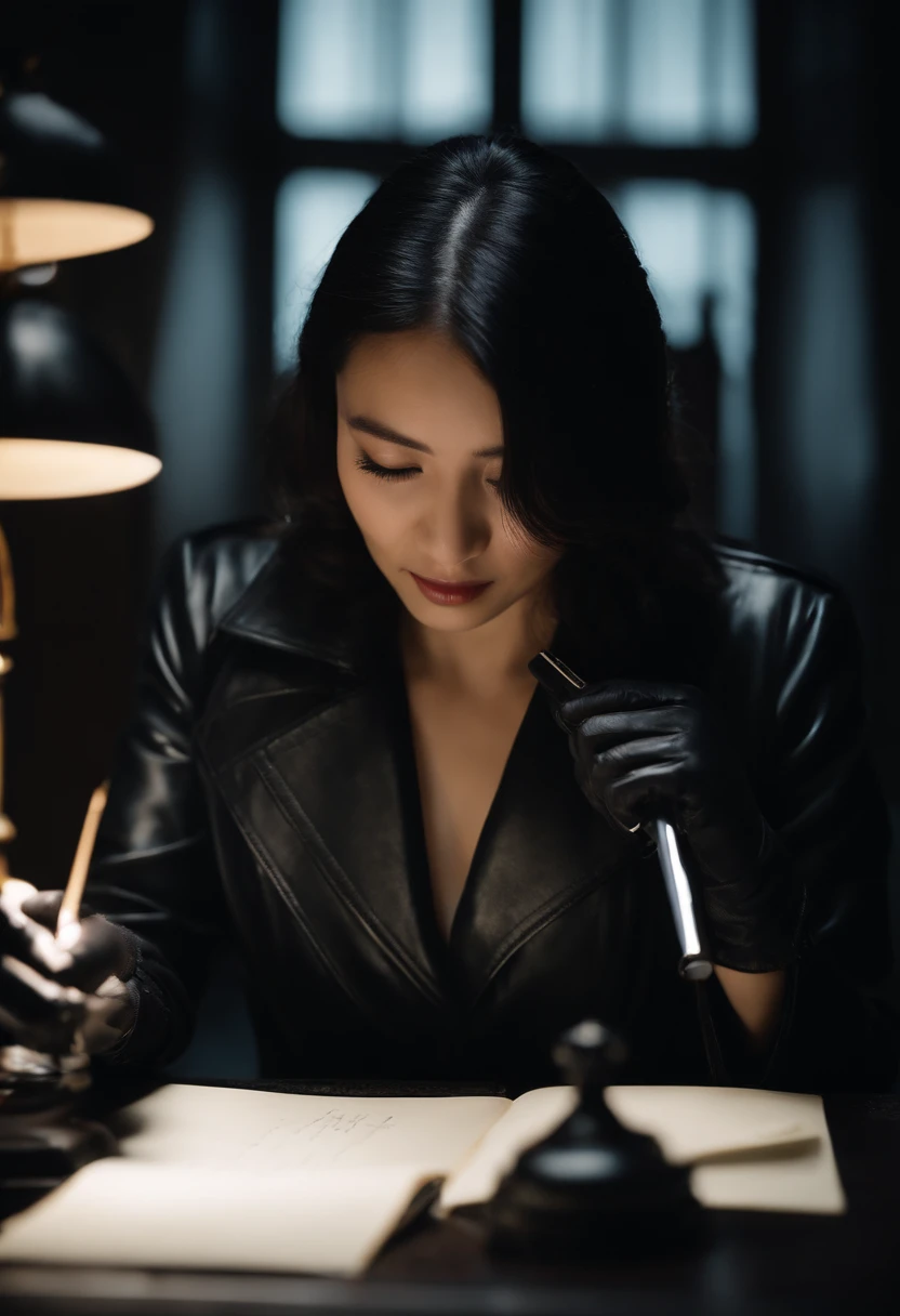 Wearing black leather gloves in both hands, upper body, black leather trench coat, facing the desk in the modern study in the dark, looking down and smiling, writing a letter using a fountain pen Long straight black hair Young Japanese woman (black leather gloves cover both hands)