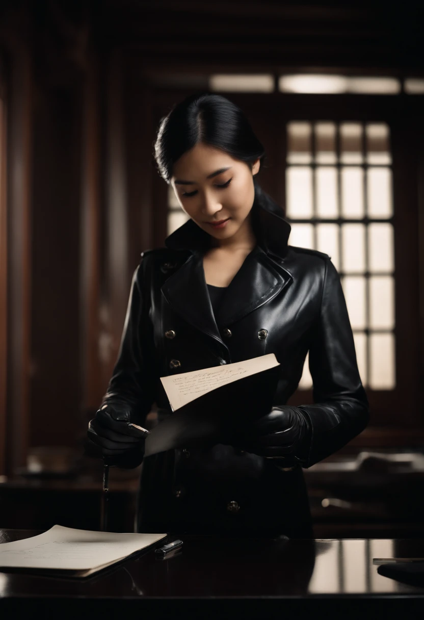 Wearing black leather gloves in both hands, upper body, black leather trench coat, facing the desk in the modern study in the dark, looking down and smiling, writing a letter using a fountain pen Long straight black hair Young Japanese woman (black leather gloves cover both hands)