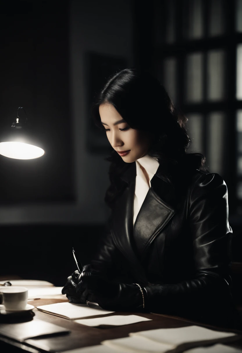 Wearing black leather gloves in both hands, upper body, black leather trench coat, facing the desk in the modern study in the dark, looking down and smiling, writing a letter using a fountain pen Long straight black hair Young Japanese woman (black leather gloves cover both hands)